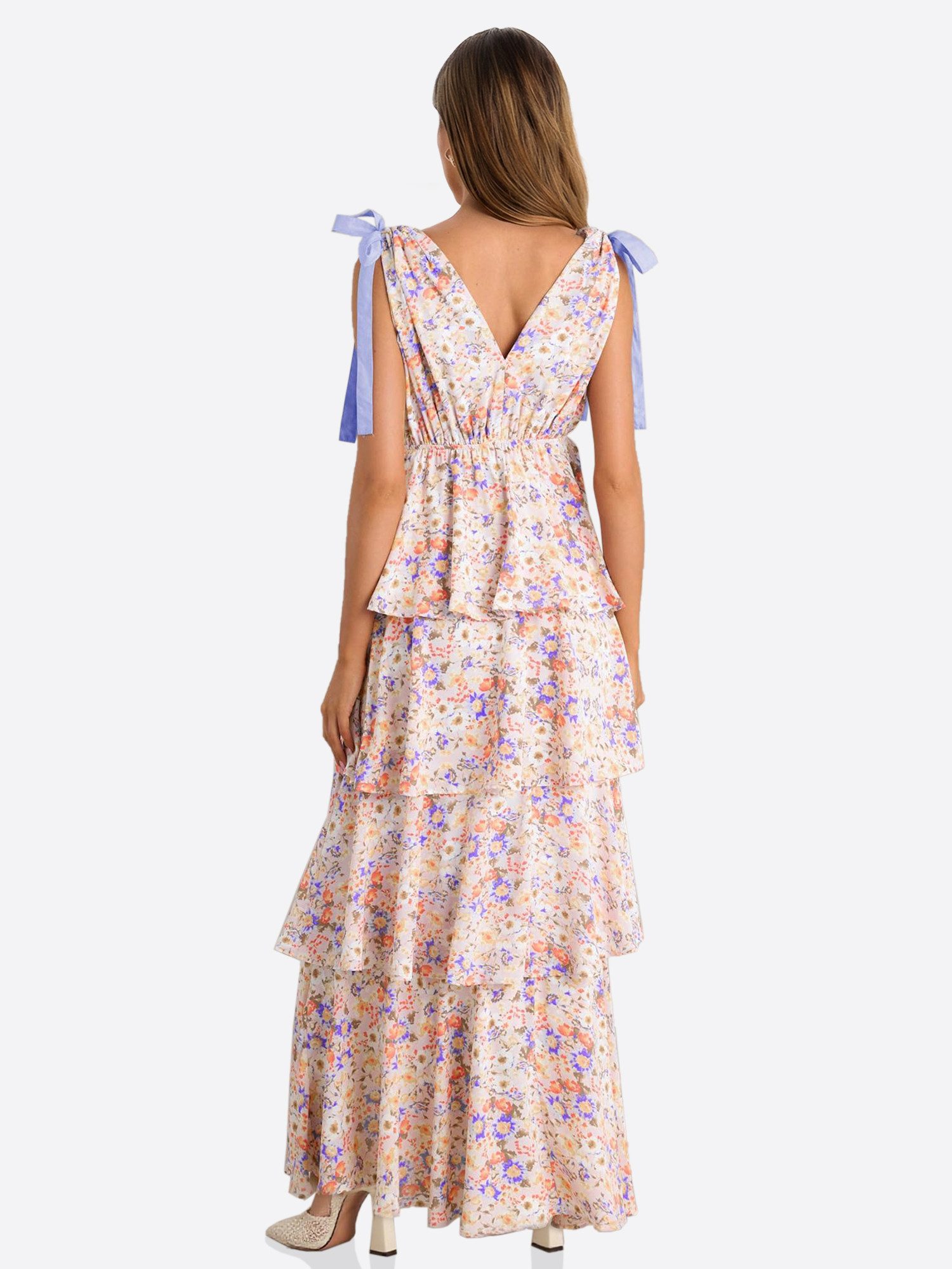 Imily Bela Maxikleid Damen Geblümte Boho Strandkleider mit hohem Schlitz (Packung, 1-tlg., 1per-Pack) mit Rüschen-Stufen