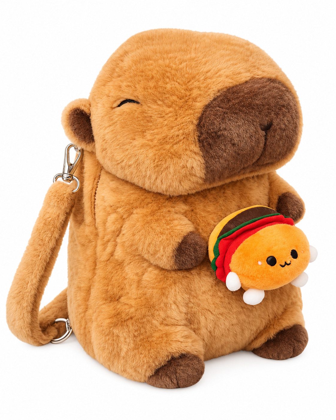 soma Schulrucksack Capybara Rucksack 2in1 Plüsch Kinder mit Anhänger Set (Set, 2-tlg., Geschenk-Set), Motiv zufällig Burger oder Pommes + Capybara Schlüsselanhä – Bild 2 von 5