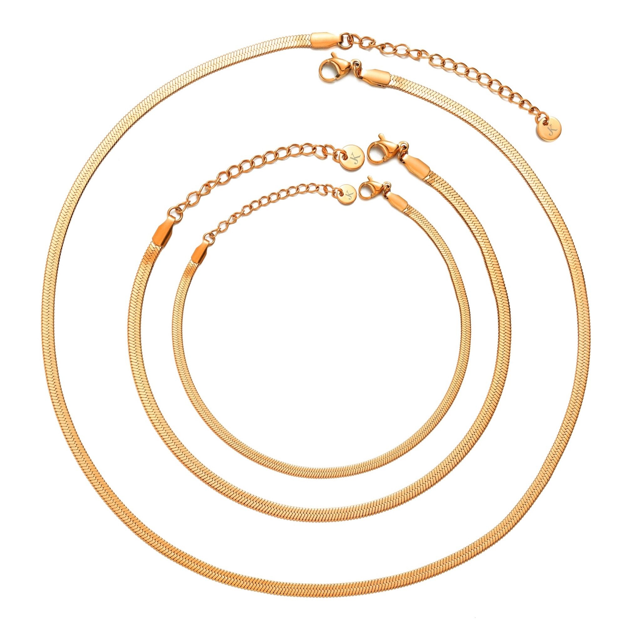 Kim Johanson Schmuckset Schlangenkette Lia (Set, 3-tlg., Inkl. Schmuckbox), mit Halskette, Armband & Fußkettchen in Silber, Gold & Rosegold