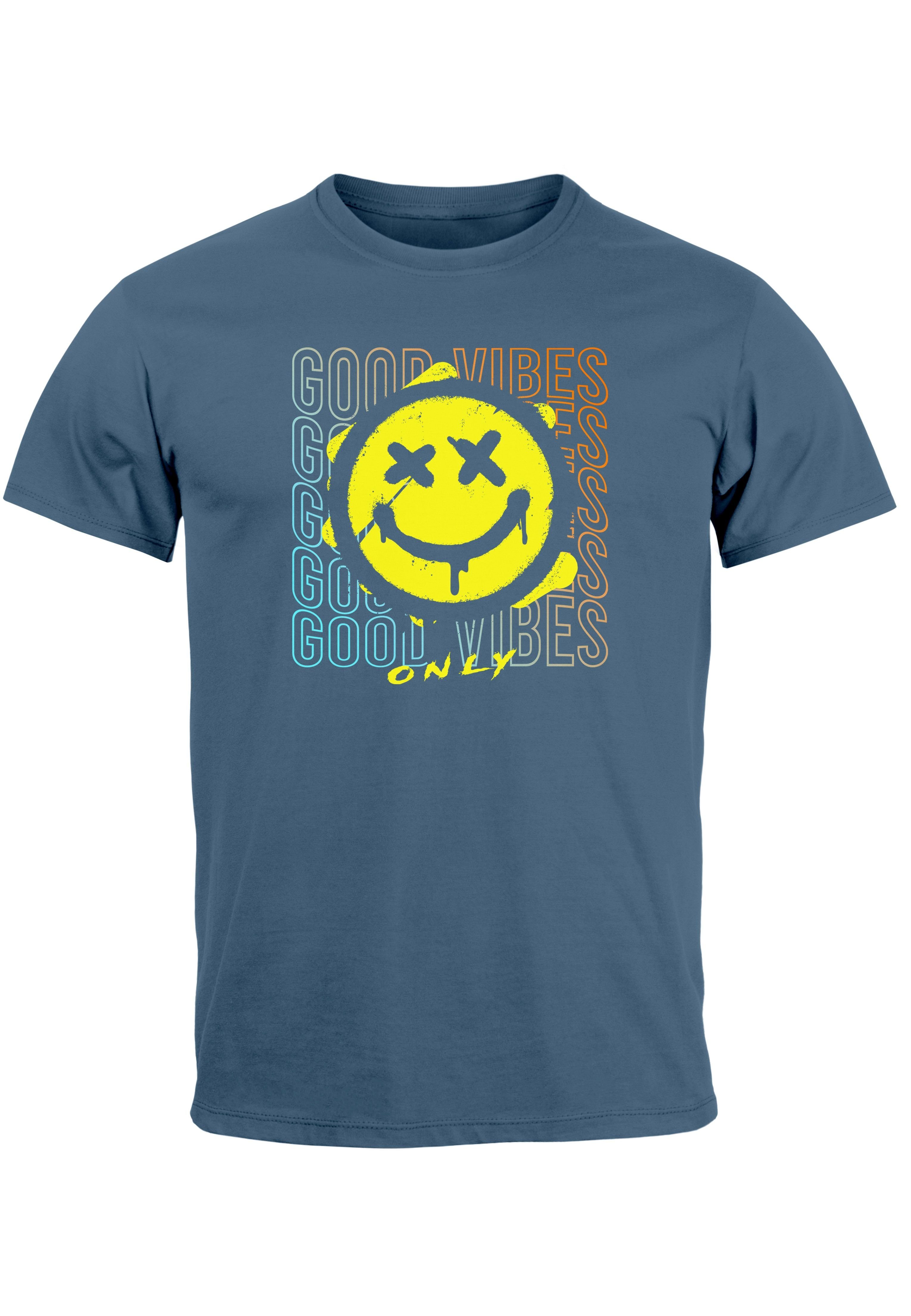 Bedruckt Aufdruck Print denim Neverless Vibes Smiling Face Teachwe blue Print-Shirt T-Shirt Good Print Herren mit