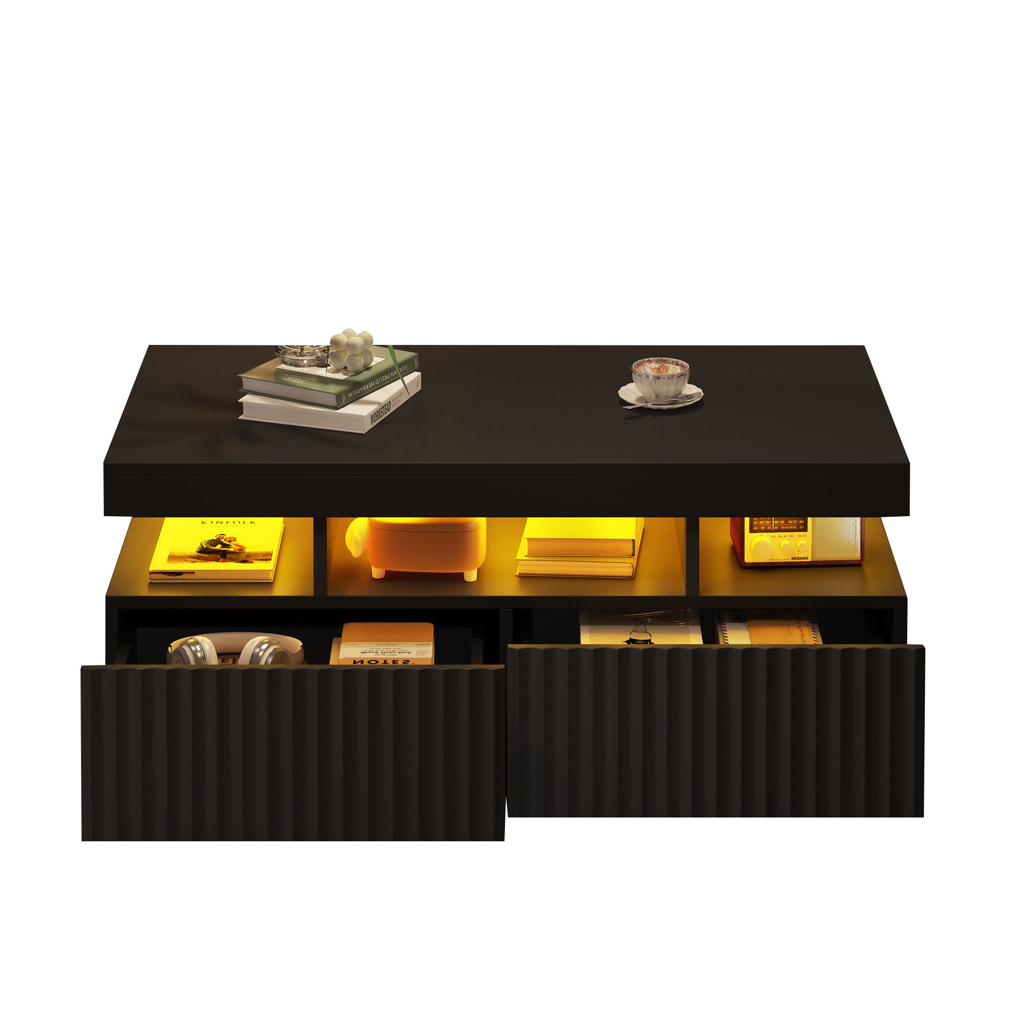 Merax Couchtisch Sofatisch Beistelltisch mit LED-Lichtleiste (Stauraumfunktion und robuster Spanplattenkonstruktion, 1-St., 100×50×45 cm), Wohnzimmertisch mit 2 Vakuumform-Schubladen und offenem Mittelteil