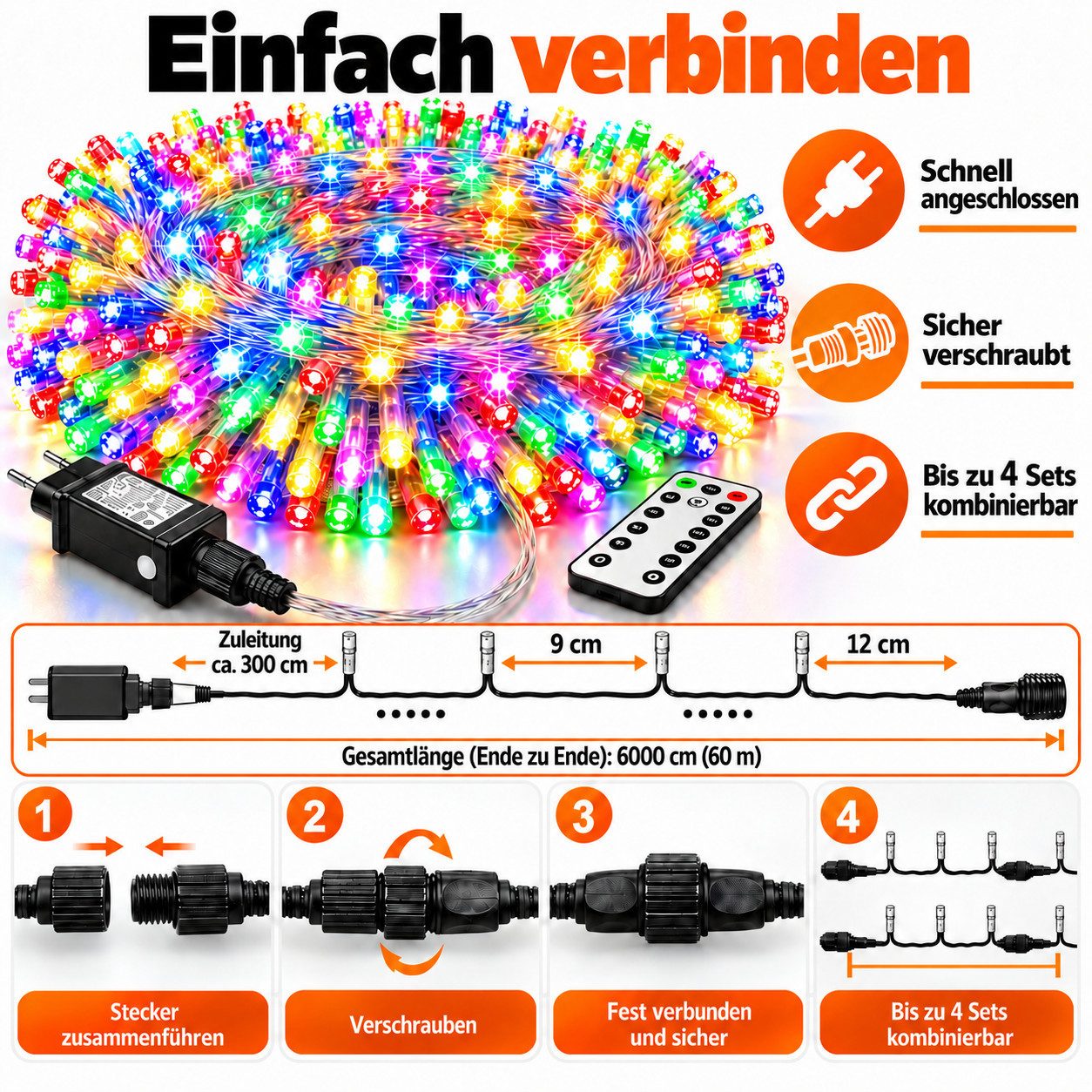 Ollny LED-Lichterkette, 600-flammig, 60m, 8 Lichtmodi, Timer & Memory, IP44 Schutzklasse