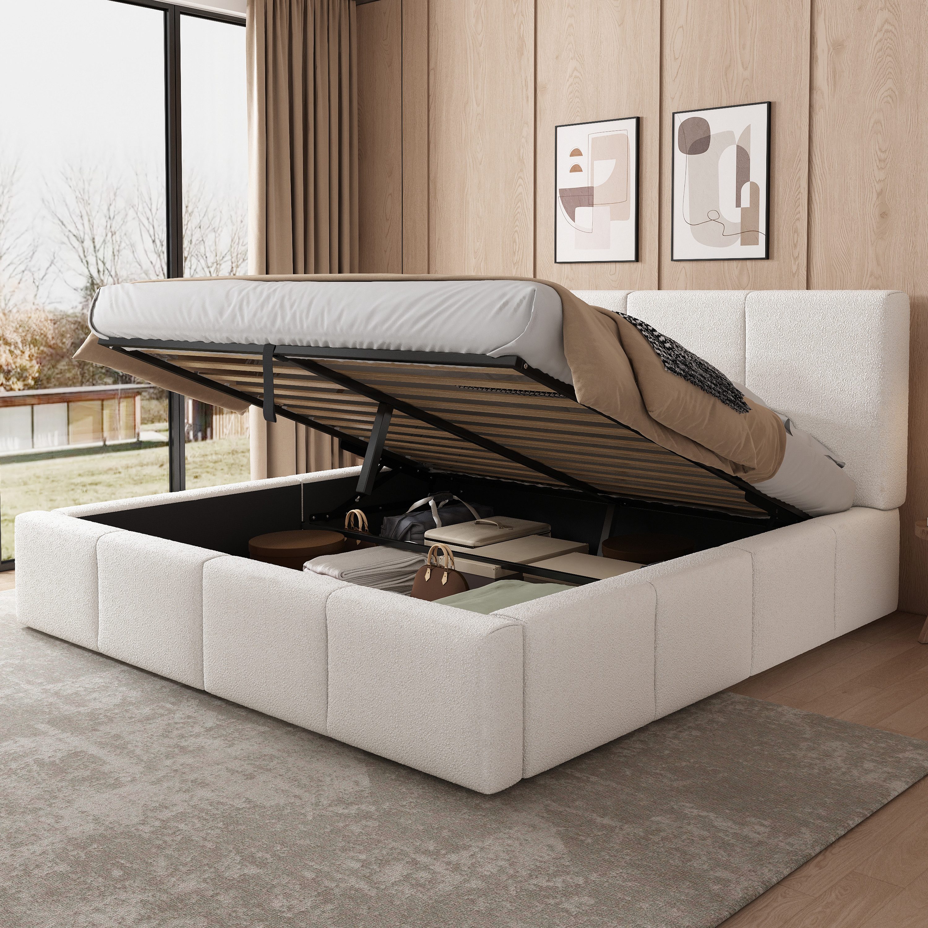 KLAM HOME Polsterbett Polsterbett mit hydraulischem Stauraum 180x200cm Doppelbett in Bouclé (Inklusive Lattenrost und ergonomischem Kopfteil), Elegantes Design mit großzügigem Stauraum für Schlafzimmer