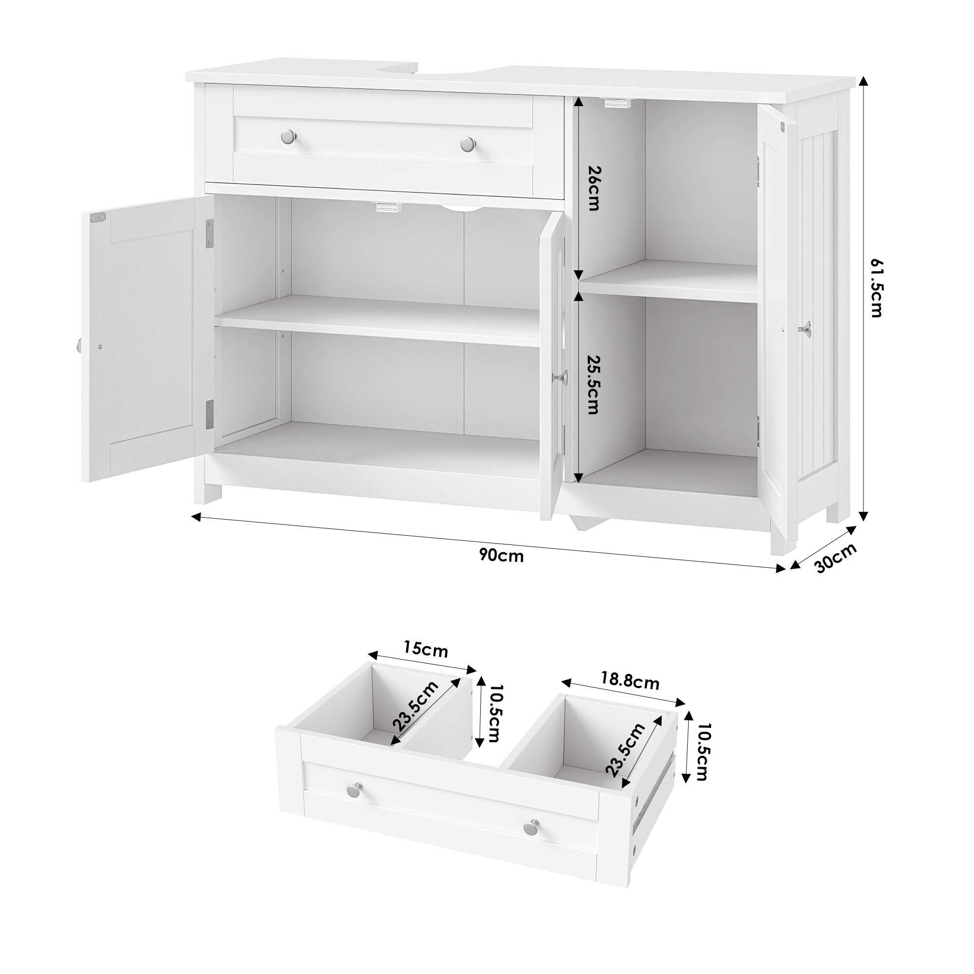 Homfa Waschbeckenunterschrank Unterschrank Badezimmerschrank mit 1 Schublade und 3 Türen, Breite 90 cm, freistehend