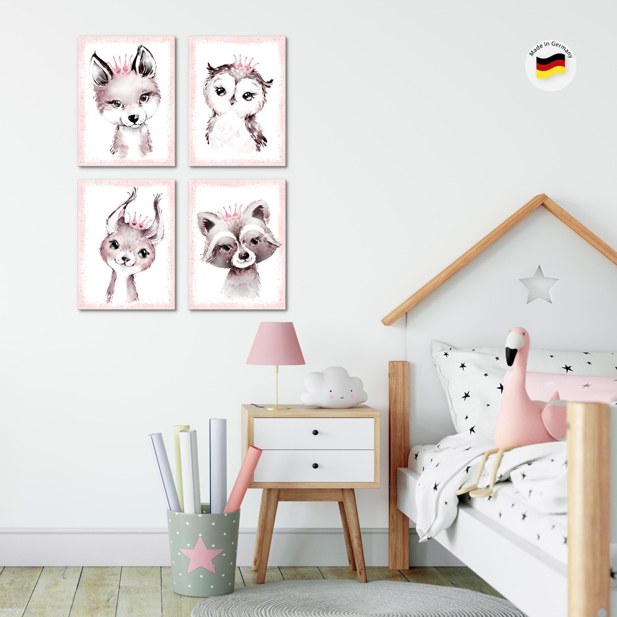Novart Wandbild Bilder Waldtiere AUFHÄNGFERTIG Kinderzimmer Mädchen N017147a, 30 x 40 cm - 4 Bilder