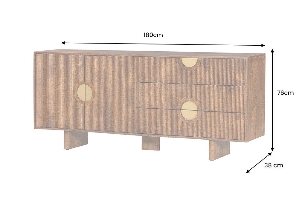 riess-ambiente Sideboard MADISON 180cm braun/gold - Massivholz, strukturierte Front, Schubladen (Einzelartikel, 1 St), Retro-Design mit viel Stauraum – ideal für Wohnzimmer & Esszimmer