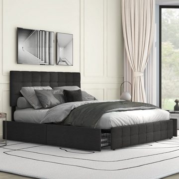 OKWISH Polsterbett Doppelbett mit Lattenrost, Stauraum Bett (mit 4 Schubladen, Doppelbett mit Lattenrost, Stauraum Bett, Höhenverstellbares Kopfteil & quadratisches Nähdesign), Metalllattenstütze,Leinenmaterial (140*200 cm, Schwarz)