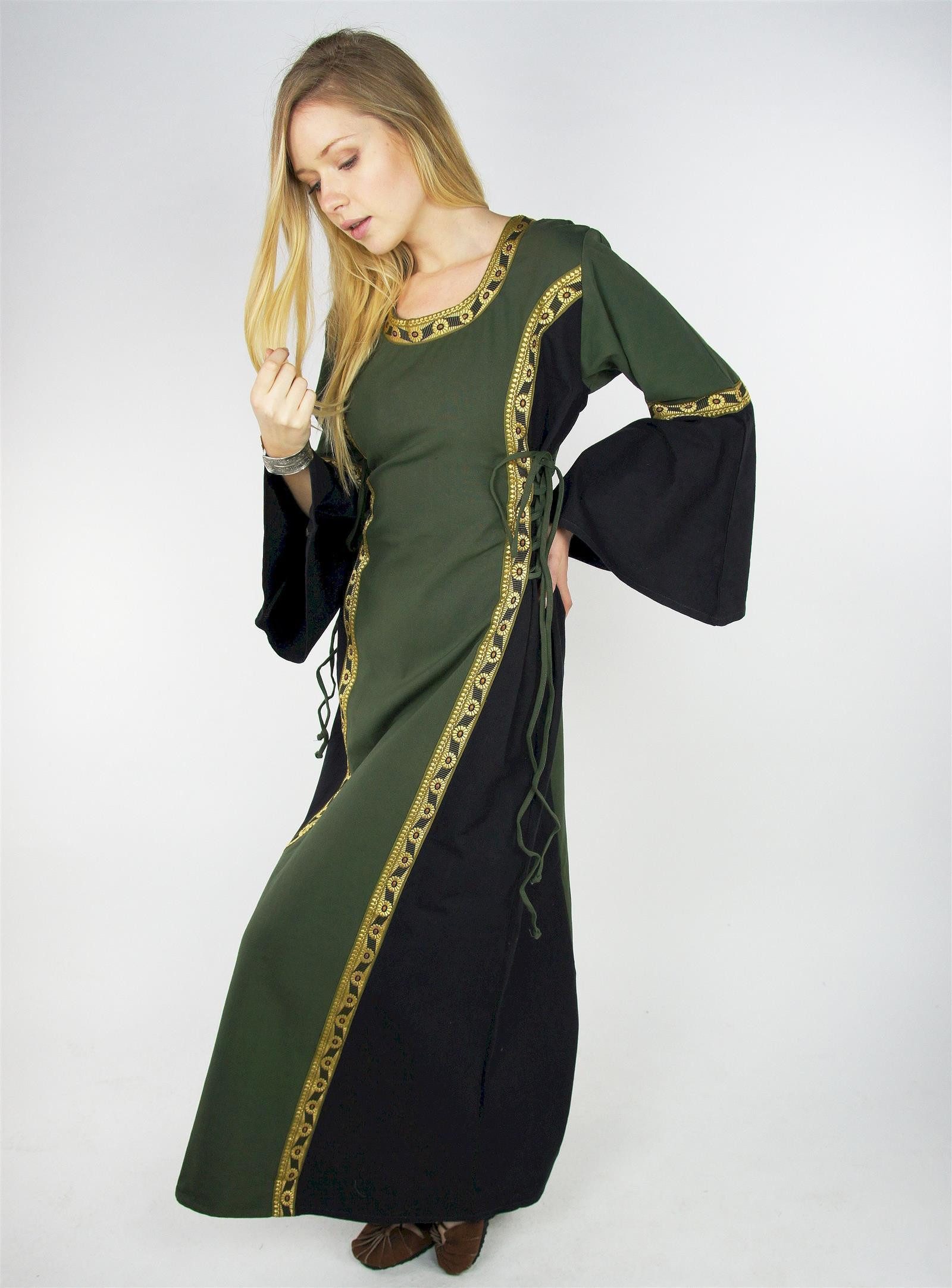 Leonardo Carbone Burgfräulein-Kostüm Trompetenärmelkleid "Sophie" mit Bordüre, seitliche Schnürungen, hochwertige Baumwolle