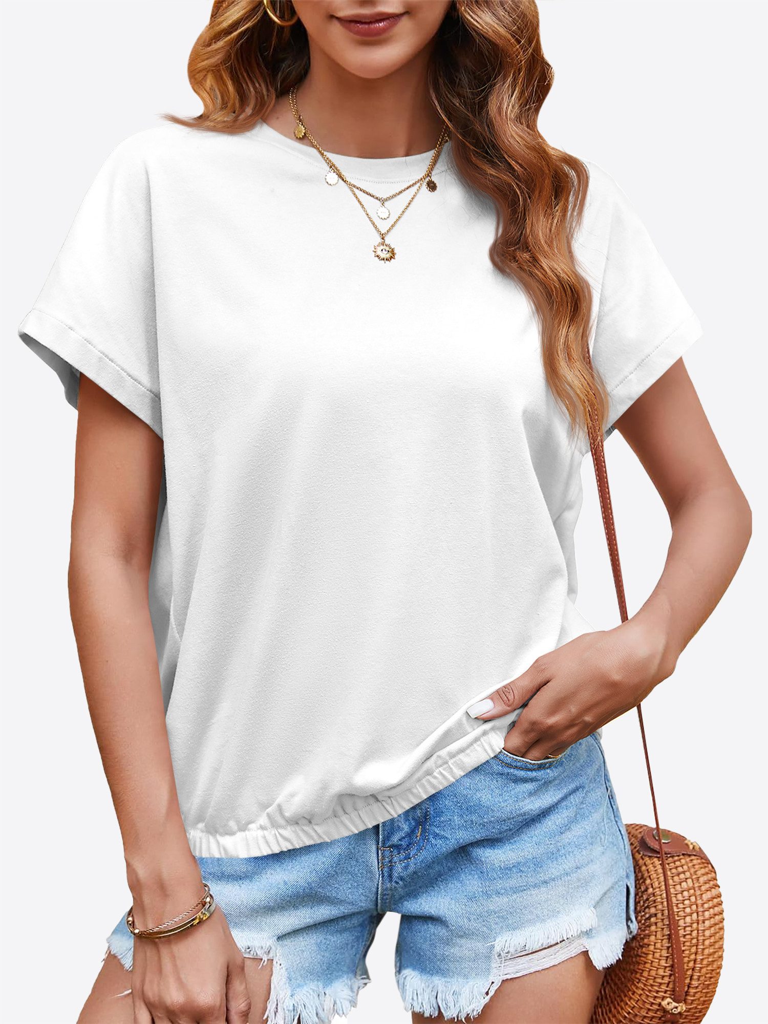 Imily Bela T-Shirt Damen Kurzarmbluse mit Gummizug im Saum (Packung, 1-tlg., 1per-Pack) in Unifarbe – Bild 4 von 5