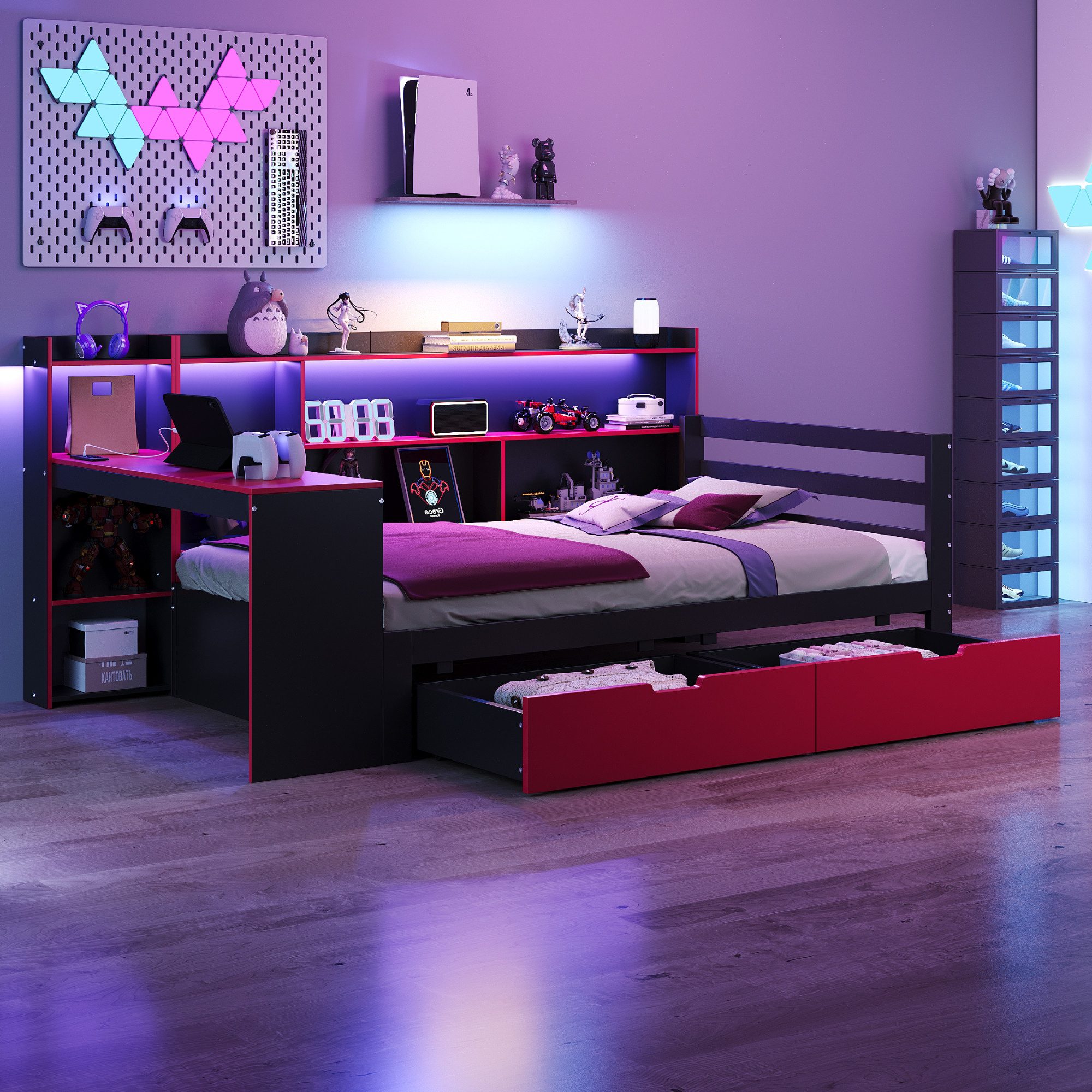 OKWISH Schlafsofa Kinderbett Funktionsbett, mit Schubladen, integriertem Schreibtisch, Regalen, Staufächern, Beleuchtung und Steckdosen 90x200 cm, ohne Matratze