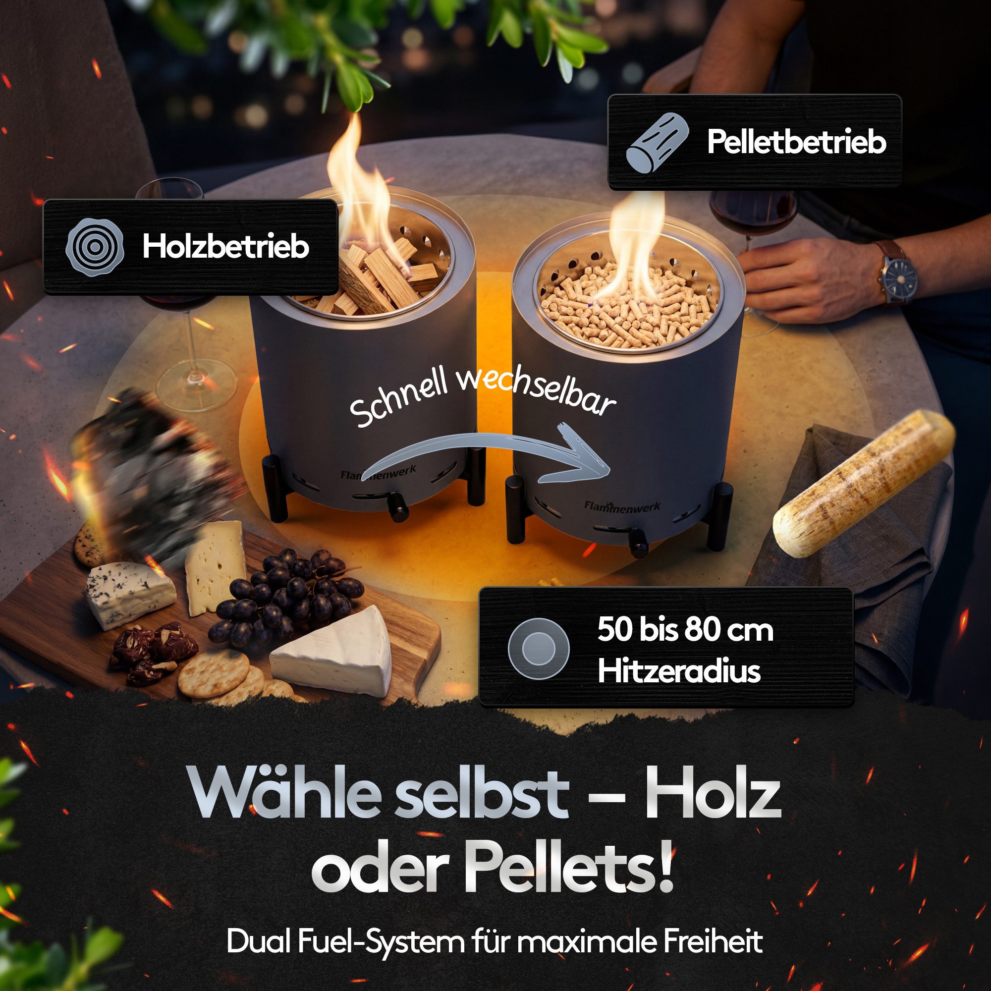 Flammenwerk Tischfeuer Ø16,5 cm für Pellets & Holz mit regelbarer Flamme und Tragetasche (Perfekt für Balkon, Terrasse & Camping, 1-St), Outdoor Flammenfeuer