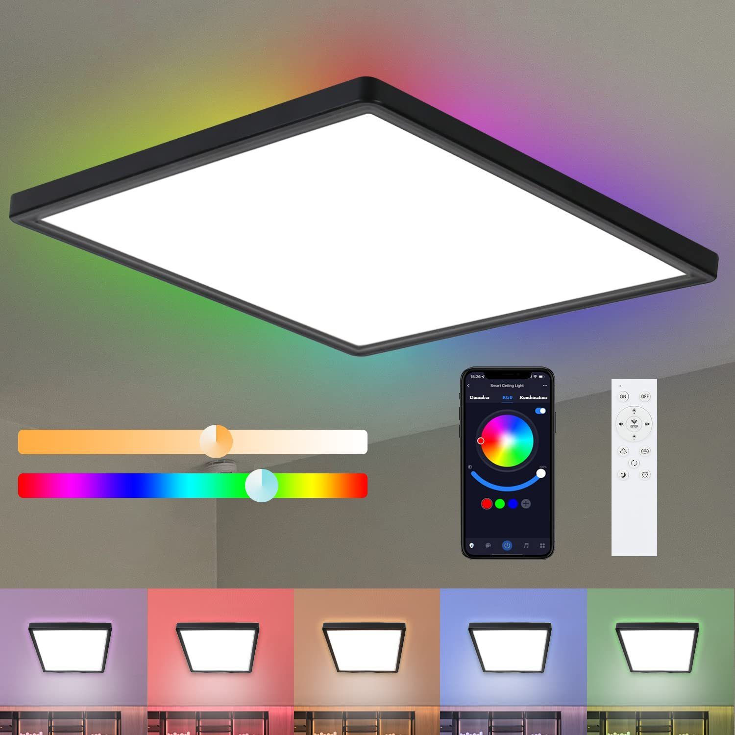 Nettlife LED Panel Dimmbar mit Fernbedienung RGB/Smart-APP steuern 40W, ‎RGB Backlight, LED fest integriert, Warmweiß Neutralweiß Kaltweiß, für Schlafzimmer Küche Wohnzimmer, 29.5 x 29.5 x 2.5 cm Schwarz