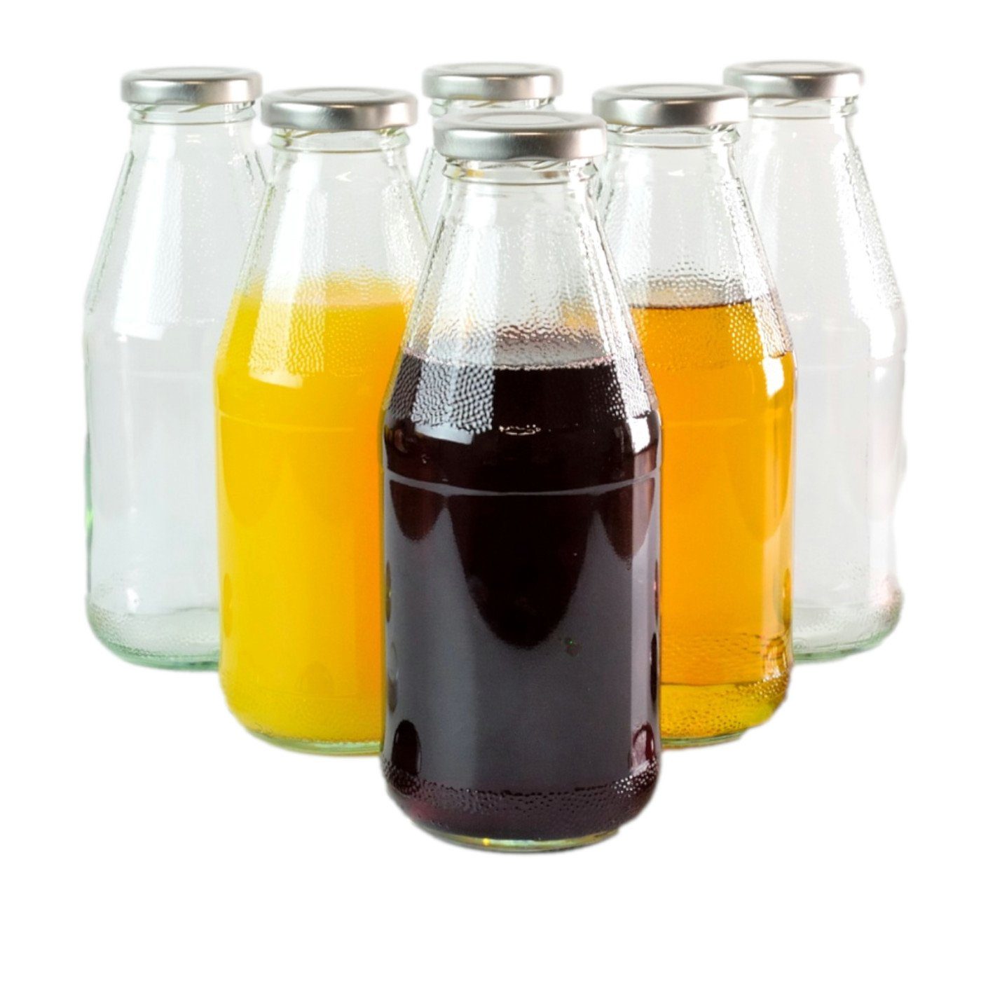 gouveo Trinkflasche Saftflaschen 500 ml mit Schraub-Deckel - Kleine Flasche 0,5 l, 6er Set, silberfarben | Trinkflaschen