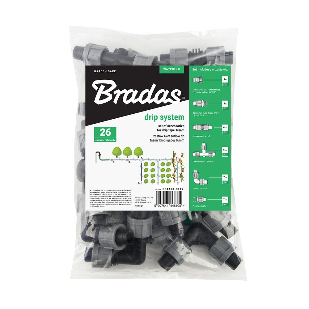 Bradas Bewässerungssystem Bewässerungsarmatur-Set Tropfbewässerung Zubehör 16mm 26tlg Verbinder