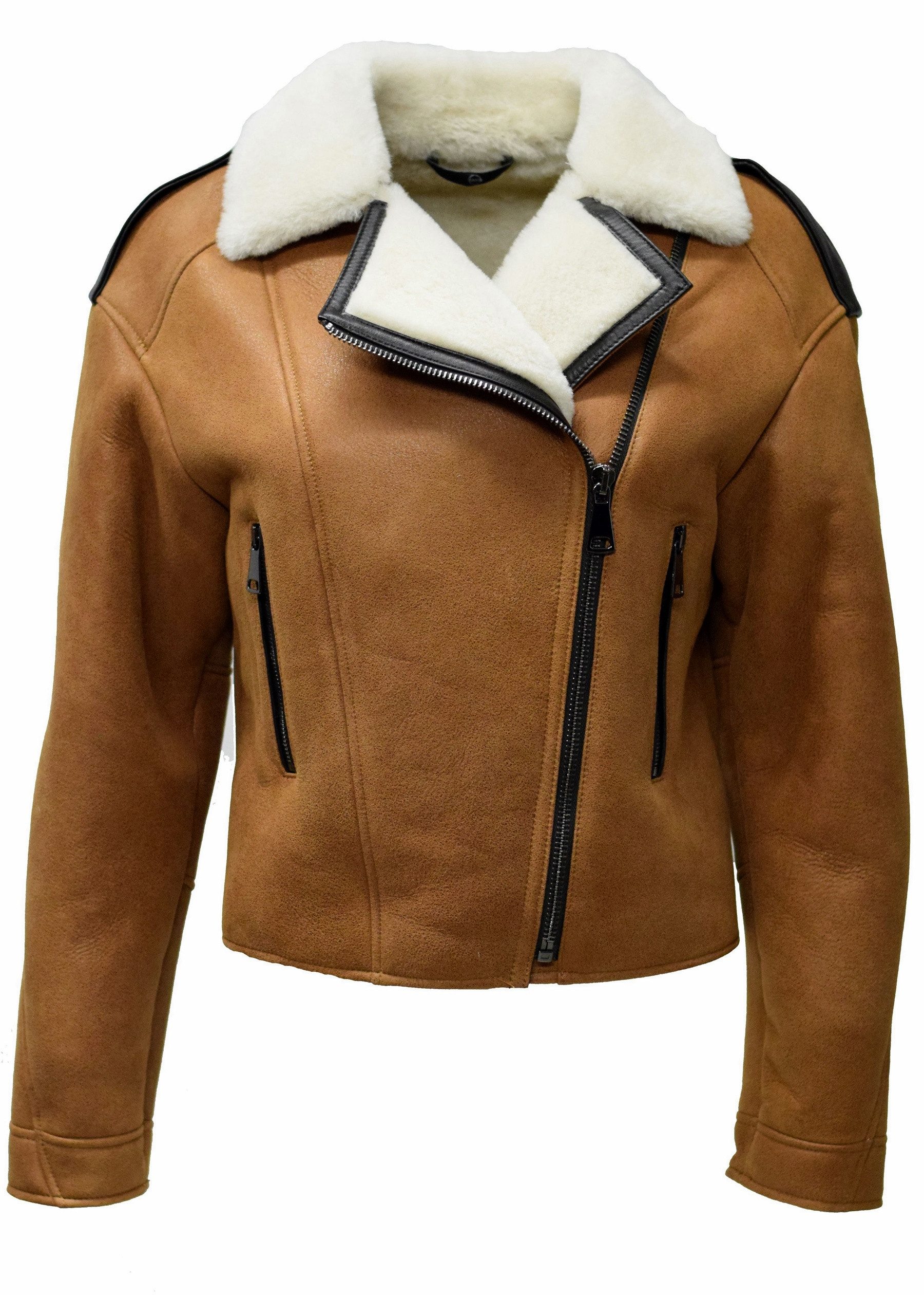 Zimmert Leather Lederjacke Kate Lammfelljacke Moto Style, Biker Cognac, Braun
