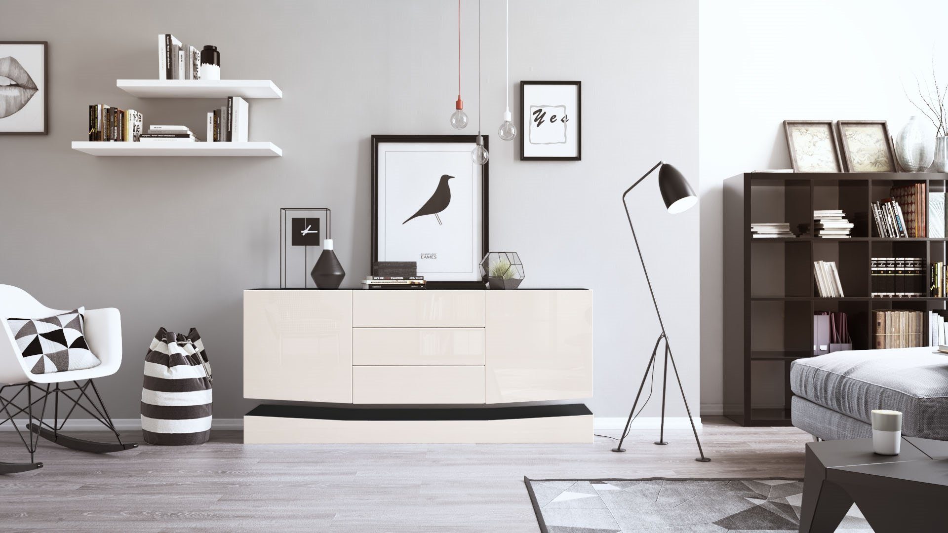 Vladon Sideboard City (Kommode, mit 2 Türen und 3 Schubladen), Schwarz matt/Creme Hochglanz (178 x 72 x 38 cm)