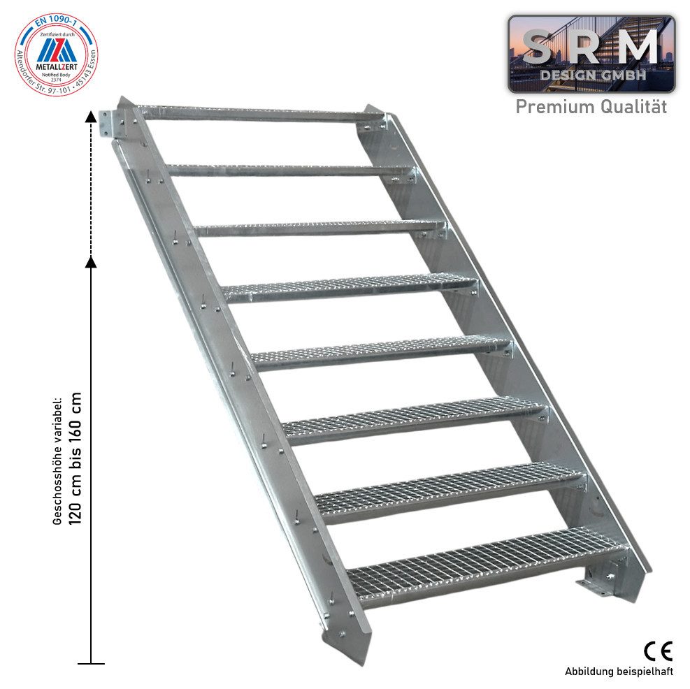 SRM Design Außentreppe 8 Stufen Stahltreppe 60cm Stufenbreite, Höhe 120-160cm, ohne Geländer