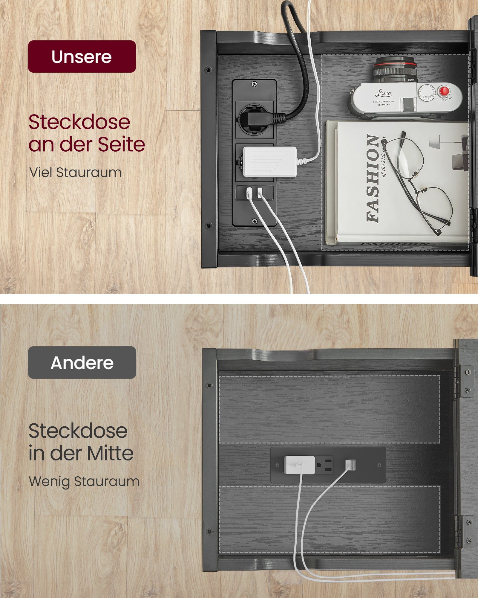 Steckdosen klappbare Schwarz Holzmaserung USB-Anschlüsse, Tischplatte (1-St), VASAGLE und Beistelltisch mit