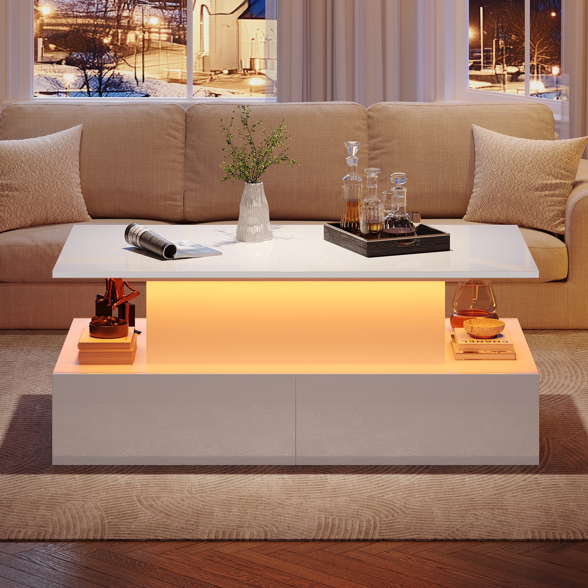 Merax Couchtisch hochglanz Sofatisch Beistelltisch mit LED und hydraulischer Lift (Lift-Teetisch, 90x55x41cm), Wohnzimmertisch mit 4 Schubladen und Stauraum inkl. Fernbedienung