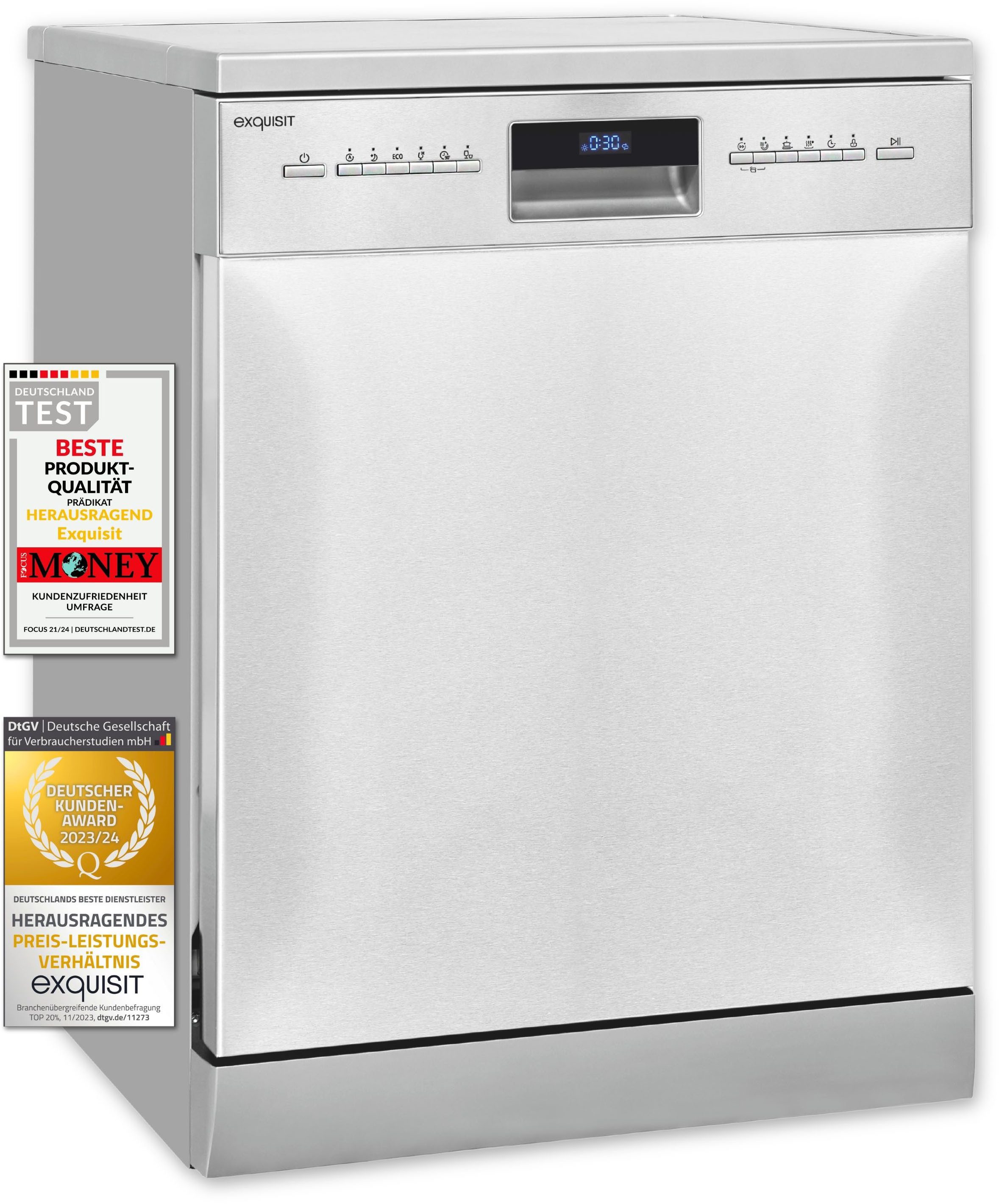exquisit Standgeschirrspüler GSP9614-030B, 14 Maßgedecke, Stand-/Unterbaugerät, 14 Maßgedecke – sparsam mit 6 Programmen & LED