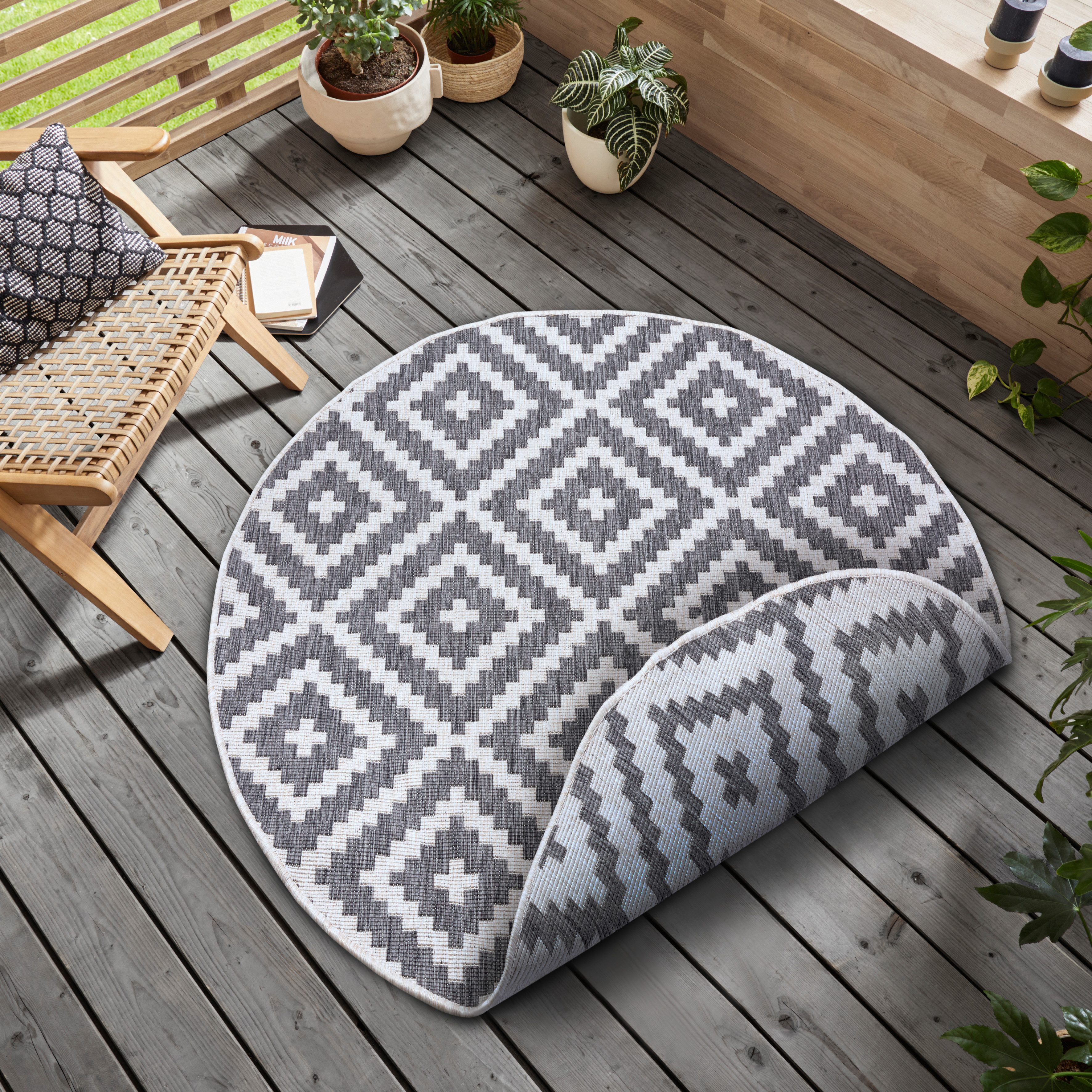 OTTO home Teppich Ronda Wendeteppich, rund, Höhe: 5 mm, Sisal-Optik, Flachgewebe, In- und Outdoor, geometrisches Boho Design