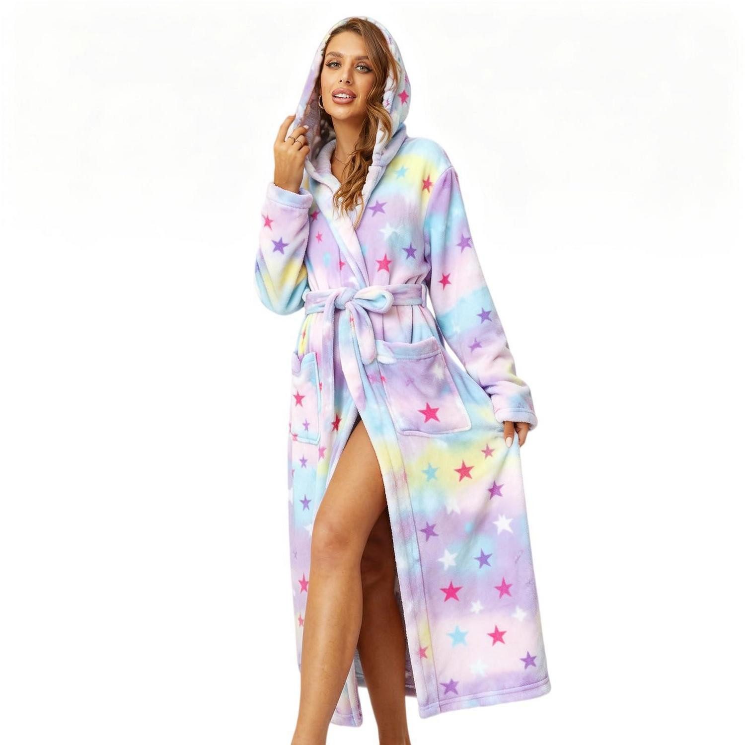 LuxusKollektion Damenbademantel Damen Bademantel Plüsch Fleece Kapuze Stern, Textil, Kapuze
