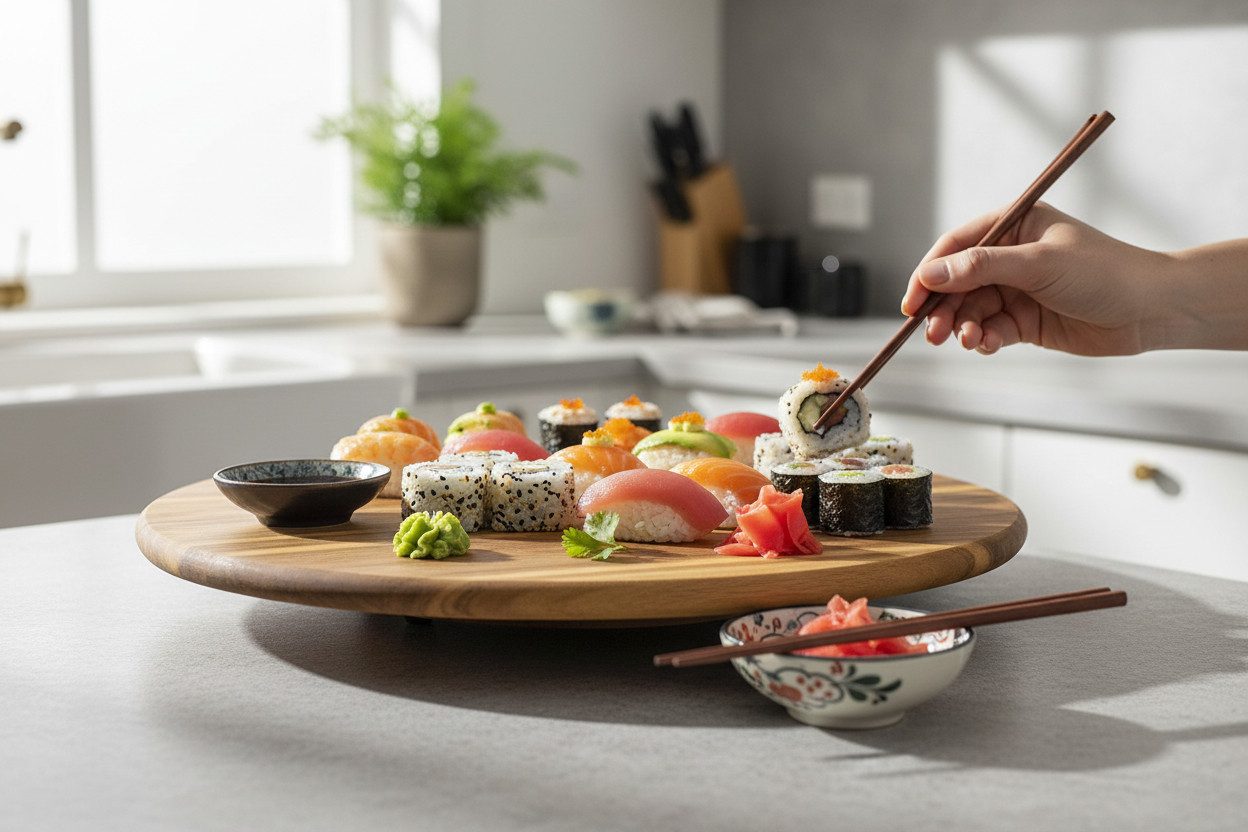 LS-LebenStil Servierplatte Nachhaltige Holz Drehplatte 37cm Premium Akazie Kugellager, Holz, (Drehteller Drehtablett Servierplatte Servierteller Serviertablett, 1-tlg., Tortenplatte drehbar), Pizzateller Vesperbrett Käsebrett Tablett Drehkabinett Kuchen