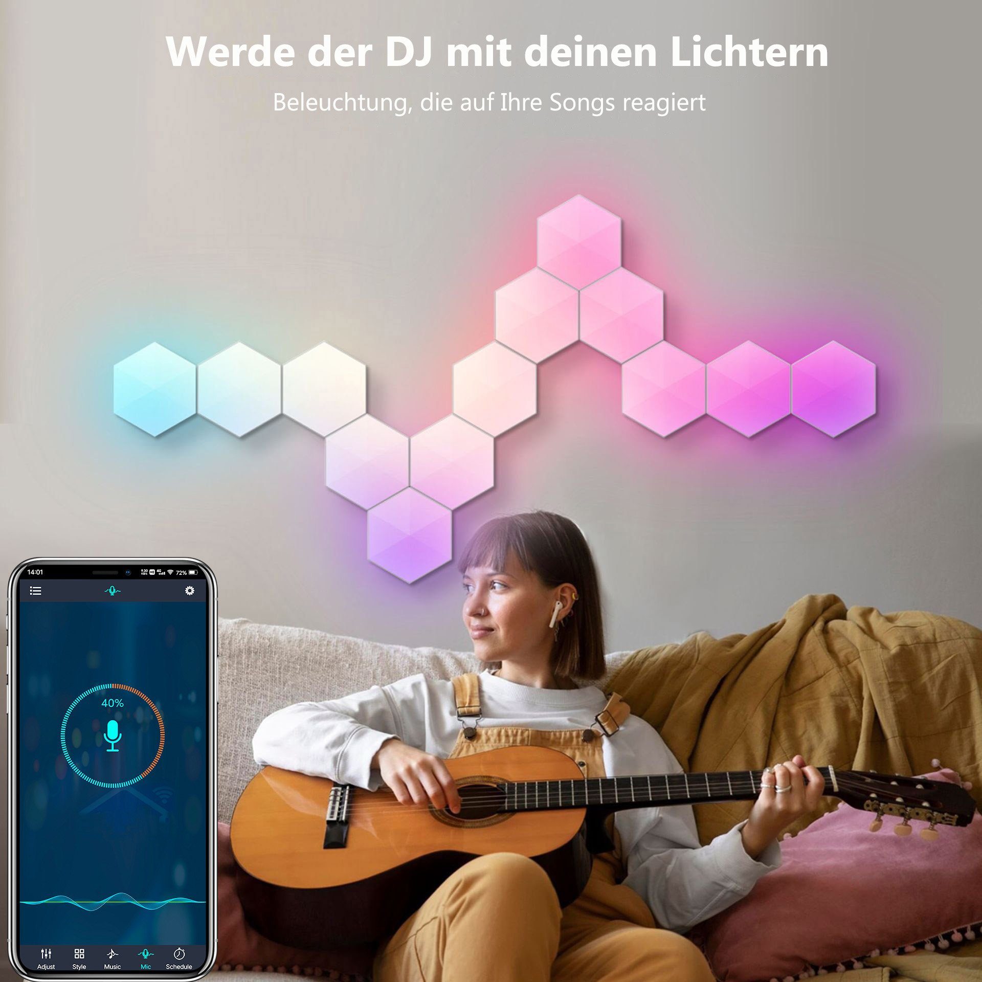 Rosnek LED RGB, App LED-Sechseck-Leuchten, Bluetooth, Musiksyn, Spielzimmer, Schlafzimmer und Bluetooth, Smart für Fernbedienung DIY, Wandleuchte RGB