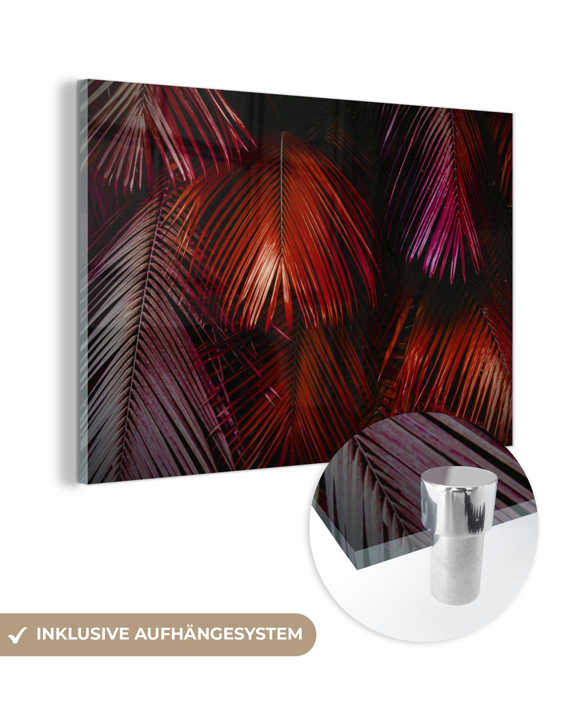 MuchoWow Acrylglasbild Palmenblatt - Dschungel - Rot, (1 St), Acrylglasbilder Wohnzimmer & Schlafzimmer