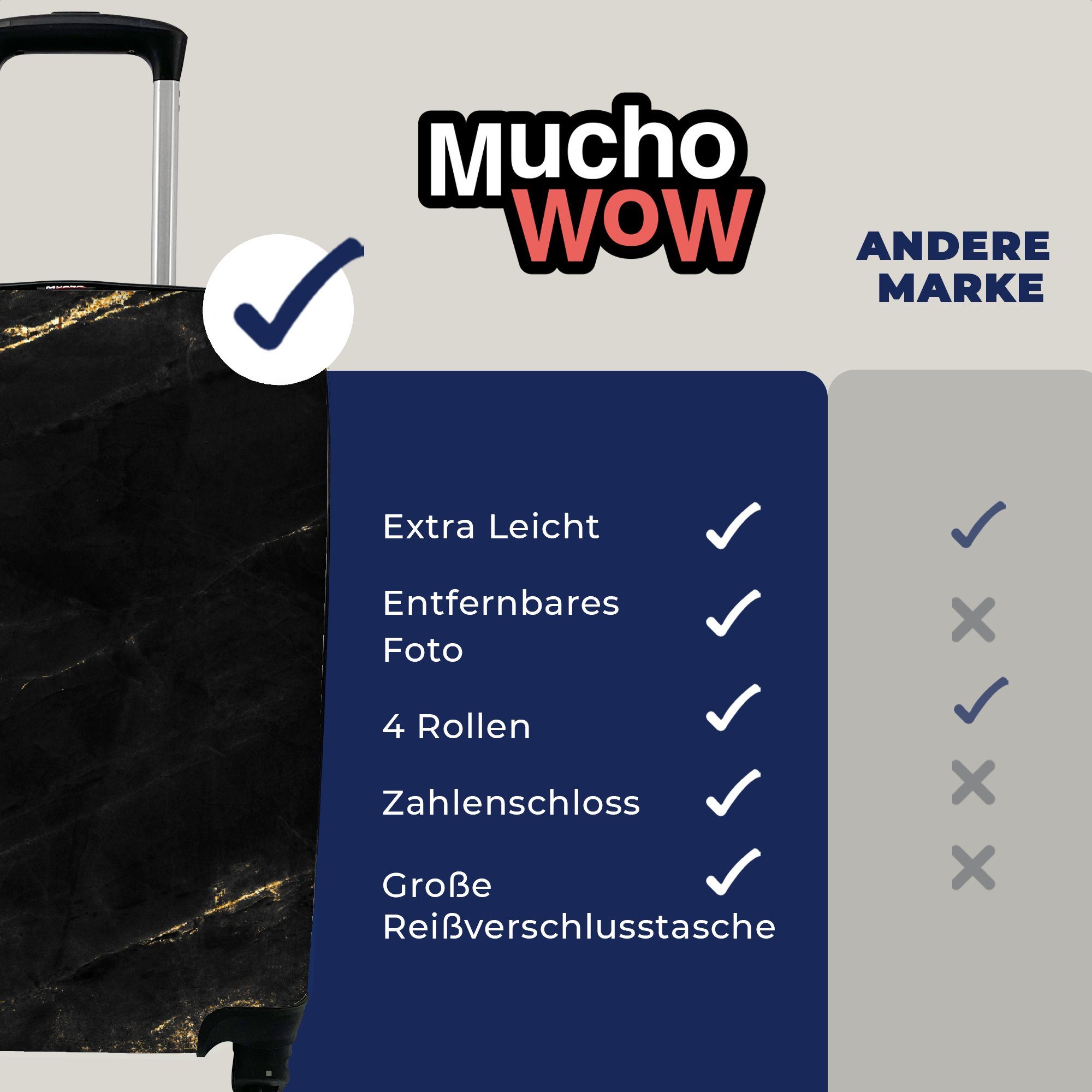 MuchoWow Handgepäckkoffer Marmoroptik - Luxus Schwarz mit Rollen, Ferien, Handgepäck Gold, Trolley, für Reisetasche 4 - rollen, Reisekoffer 