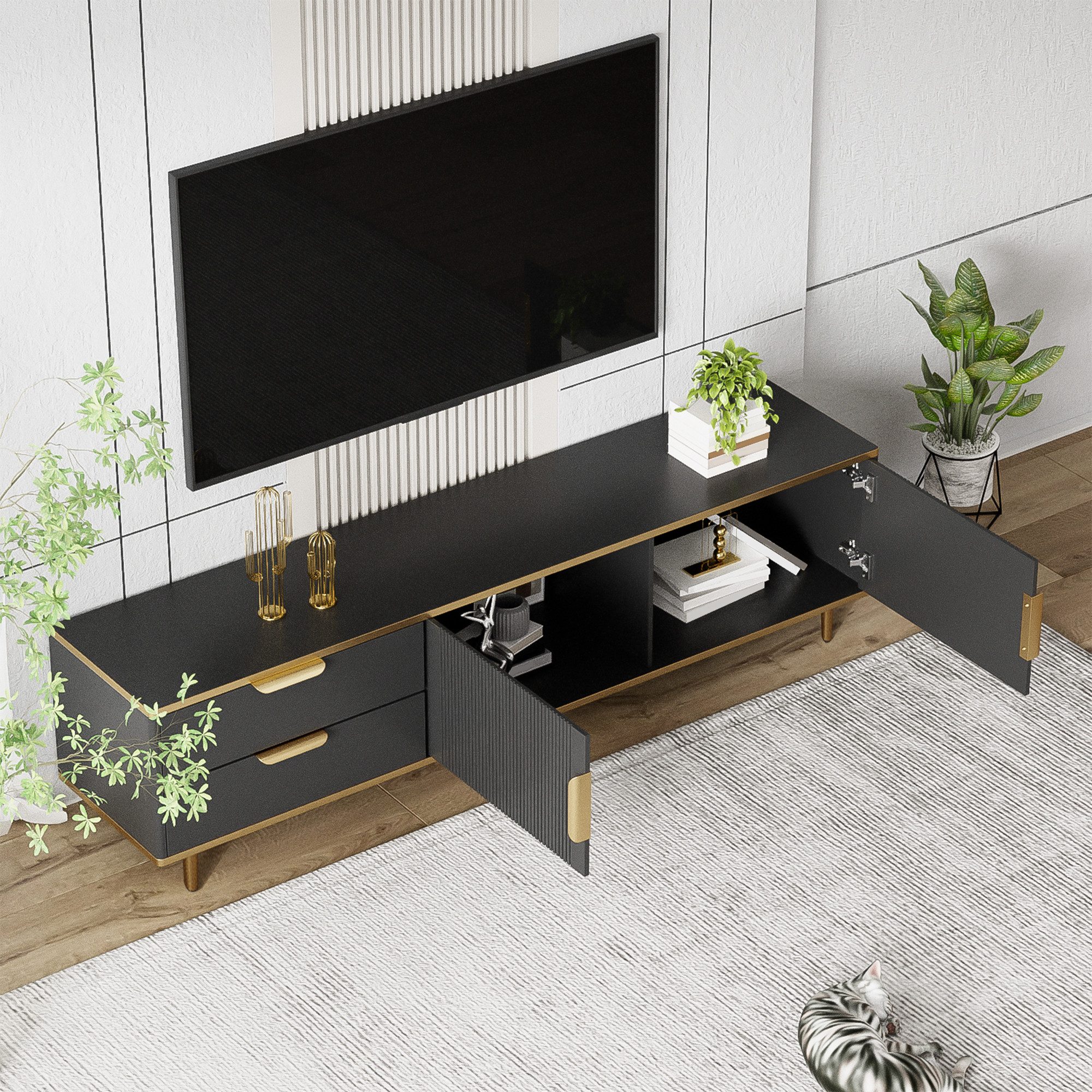 REDOM Lowboard TV-Schrank (Fernsehtisch, TV-Board mit Marmorstruktur, 2 Schubladen und 2 Türen), mit niedriger Teller mit geschnitzter Textur, goldenen Griffen/Füßen