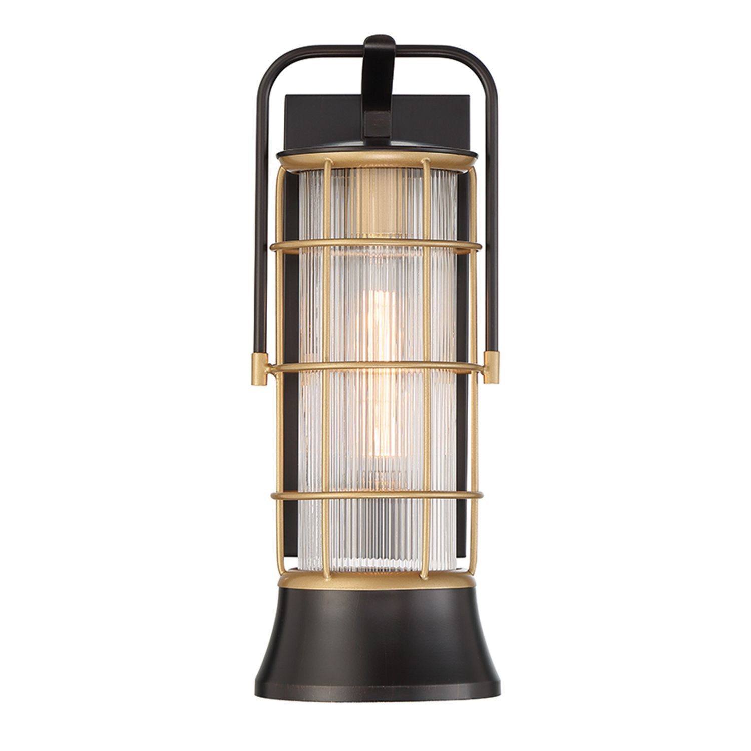 Licht-Erlebnisse Außen-Wandleuchte HADRIC, ohne Leuchtmittel, IP44 41.1 cm hoch aus Metall Riffelglas in Schwarz Gold E27 außen