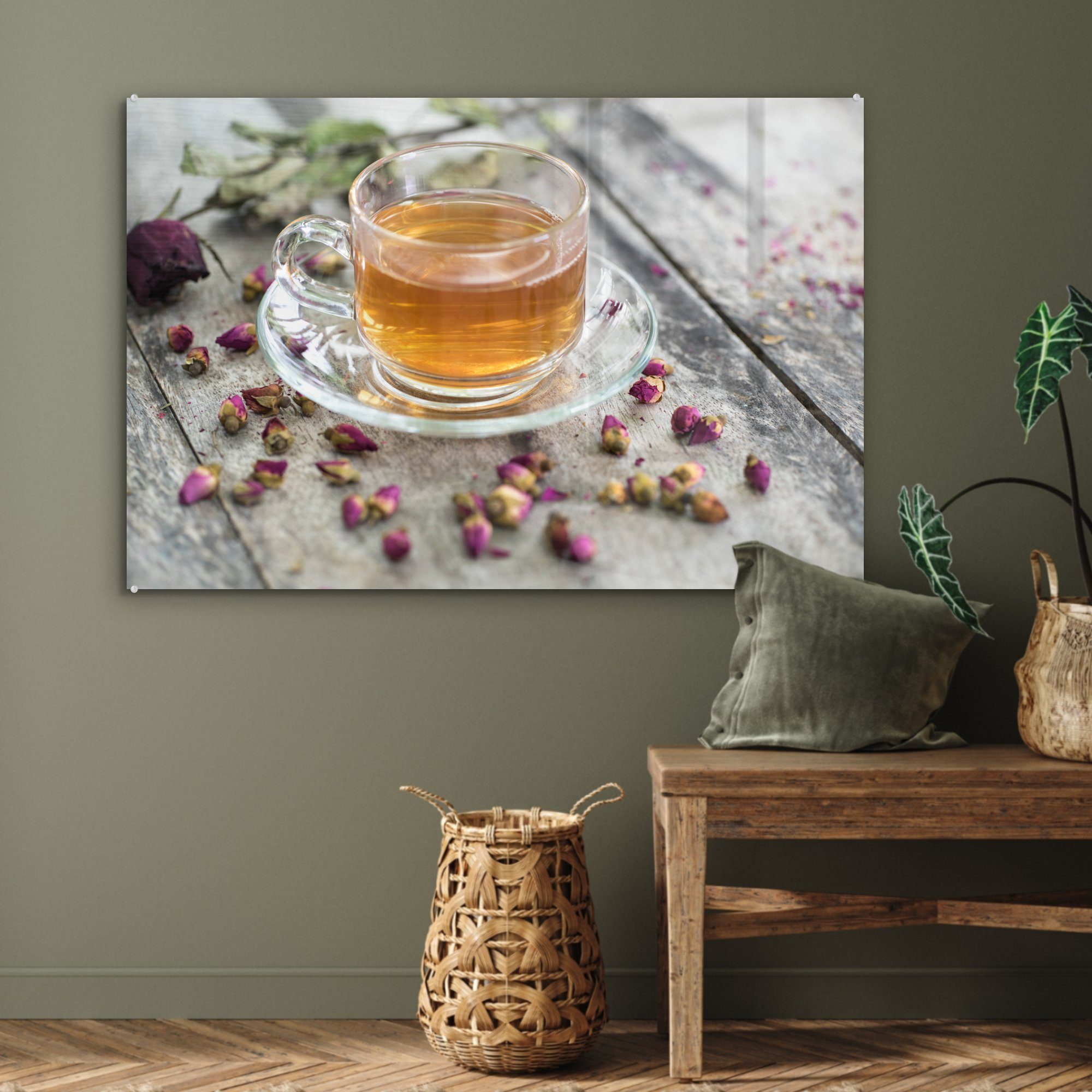 (1 Wohnzimmer Schlafzimmer St), & Orangentee, Acrylglasbilder Tasse Acrylglasbild umgeben von trockenen Rosenblättern, MuchoWow Eine