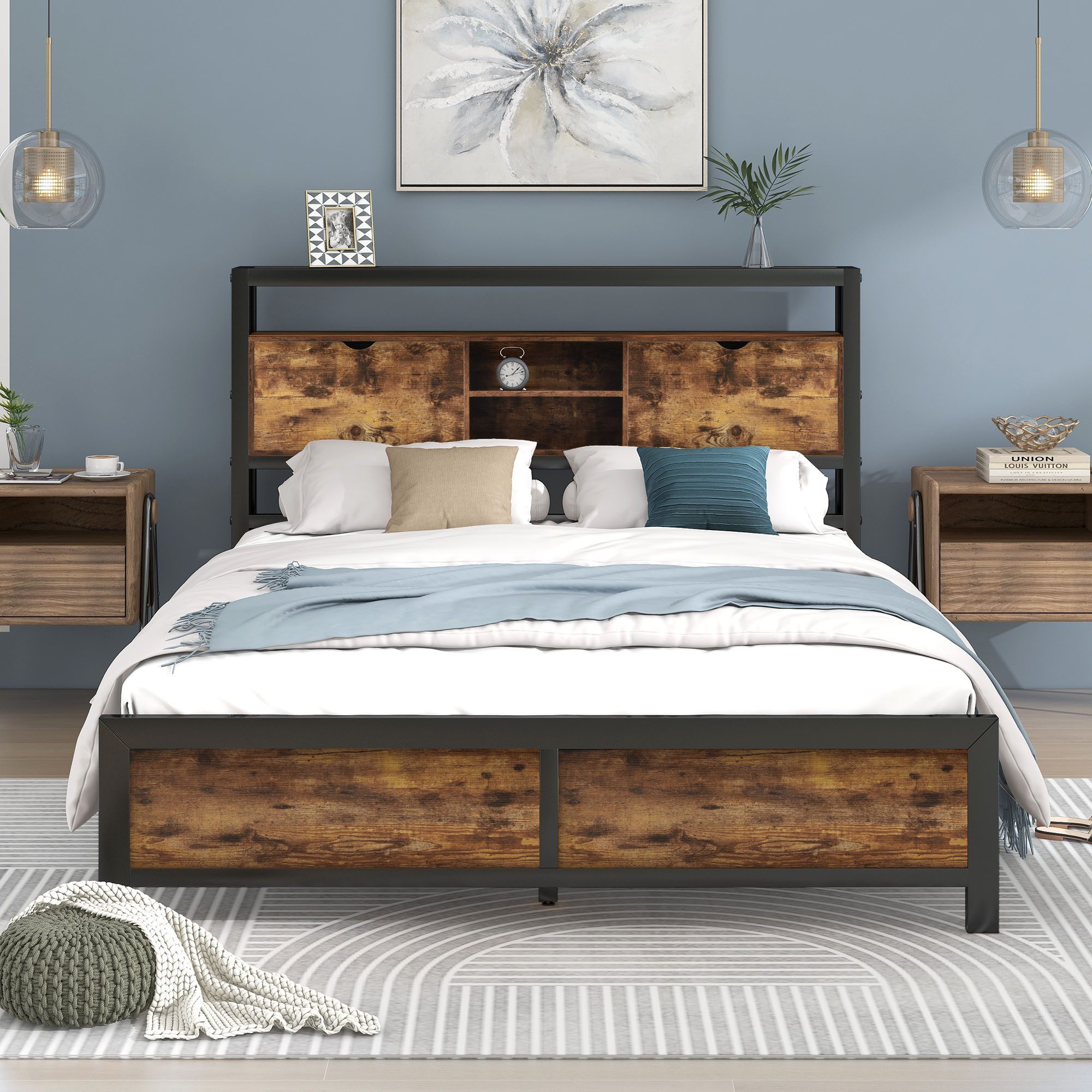 MC Star Bett Metallbett Jugendbetten Doppelbett (Stauraum-Kopfteil und Metall Lattenrost, Kinderbett Metall Bettgestell Bettrahmen Für Erwachsene, Kinder, Jugendliche)