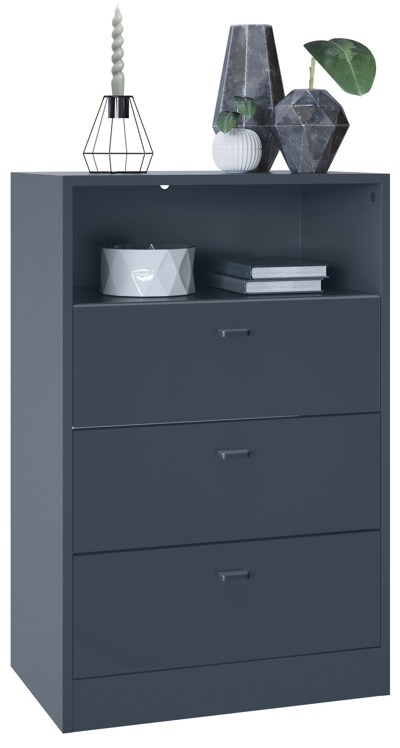 Vladon Kommode Pino V2 (Anrichte, mit 3 Schubladen & 1 offenem Fach), Anthrazit matt (56 x 86,5 x 36 cm)