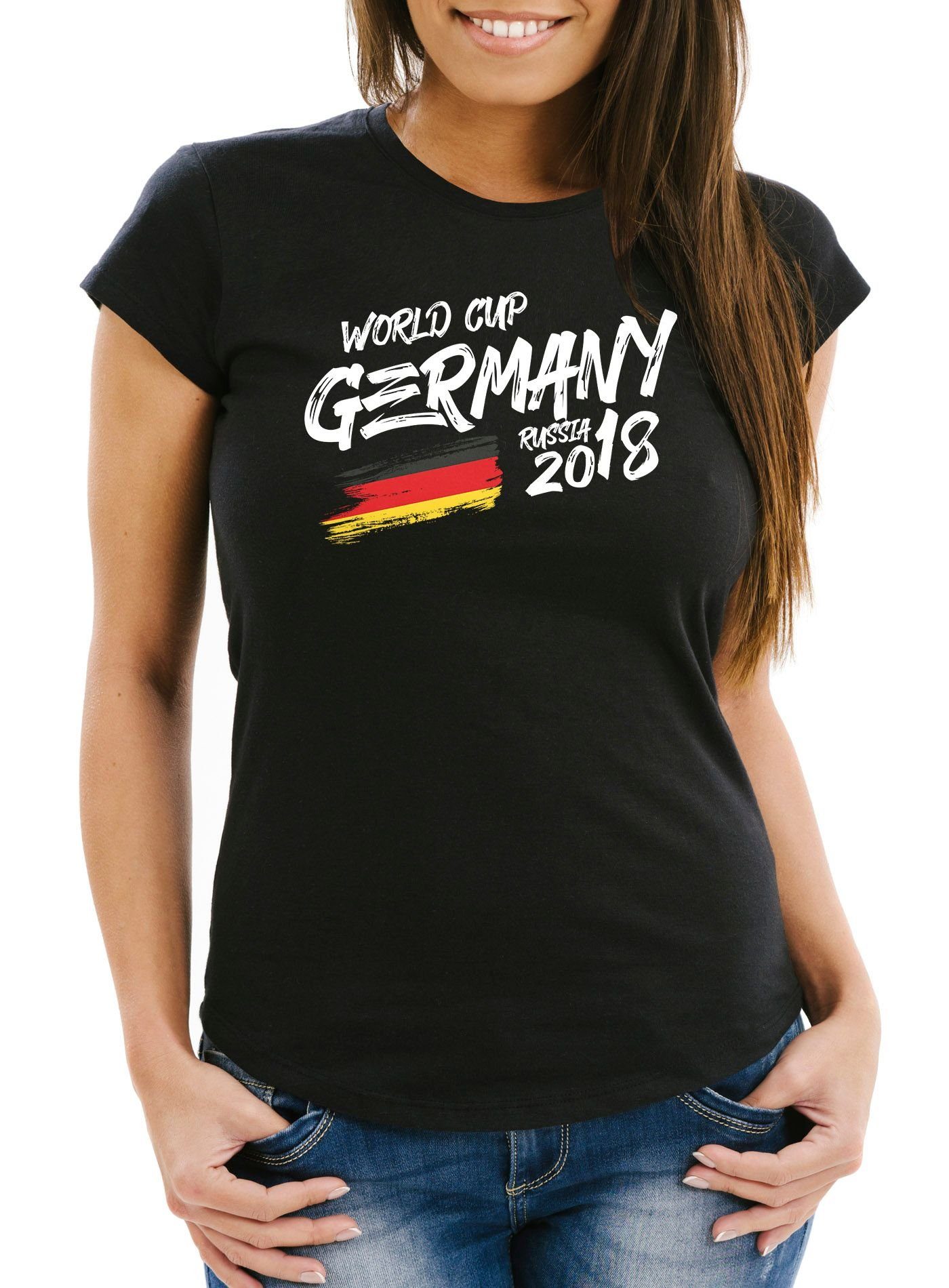 MoonWorks Print-Shirt Damen Fan-Shirt Deutschland WM 2018 Fußball Weltmeisterschaft Trikot Flagge T-Shirt Fußball-Shirt Deutschland-Shirt Fan-Trikot Deutschland-Trikot Moonworks® mit Print