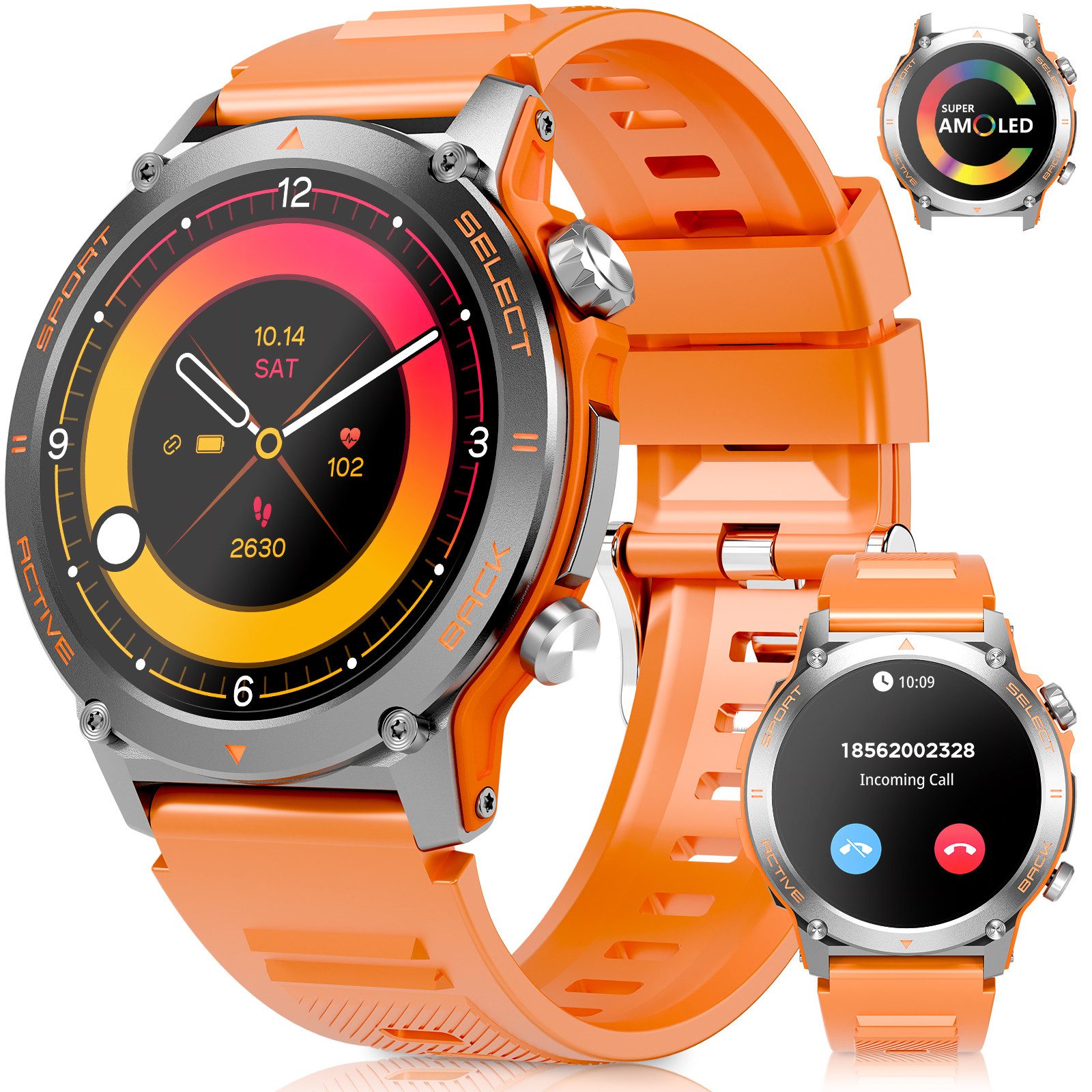 Yuede AMOLED Smartwatch Herren mit Telefonfunktion, 1.43" Zoll Rund Smartwatch (1,43-Zoll-IPS-HD-Bildschirm aus gehärtetem Glas mit Strahlenschutz Zoll) 123+ Sportmodi, Fitness Uhr mit Herzfrequenz, Blutdruck, Sauerstoff, Schlafüberwachung, Schrittzähler, IP68 Wasserdicht Smartwatch, Kompatibel mit Android und iOS
