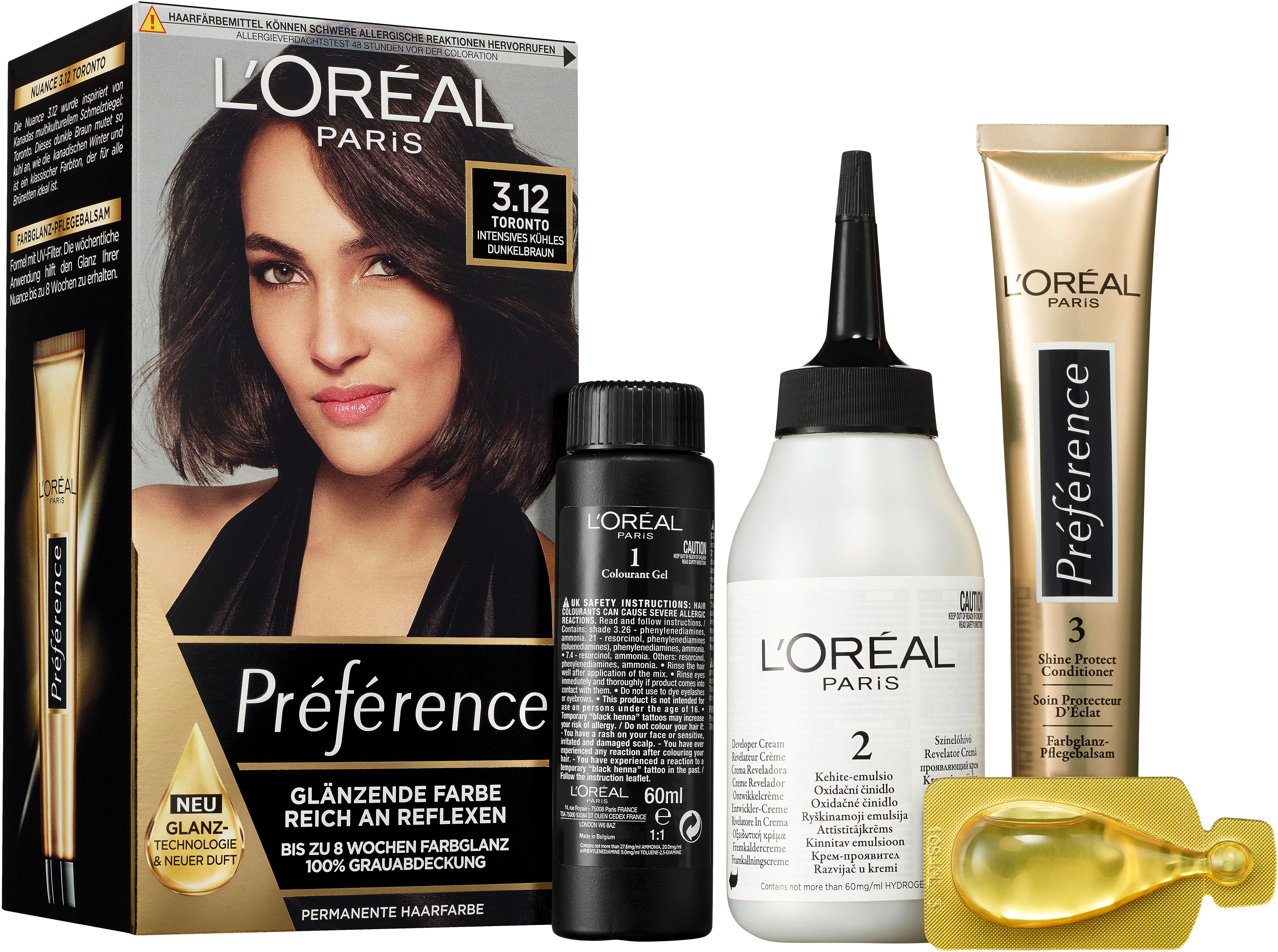 L'ORÉAL PARIS Coloration PRÉFÉRENCE HAARFARBE, Packung, 3-tlg., dauerhafte Haarcoloration mit 100% Grauabdeckung