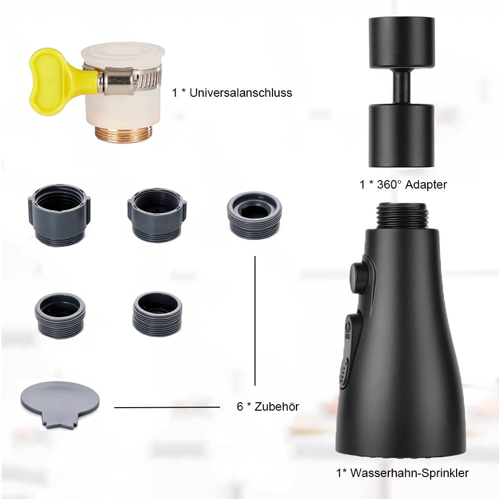 AFKSMILE Strahlregler Wasserhahn Aufsatz, 3 Modi Wasserhahn Luftsprudler mit Zubehör, 360° Drehbar Wassersparender für Wasserhahn Brause Küche Bad Aufsatz