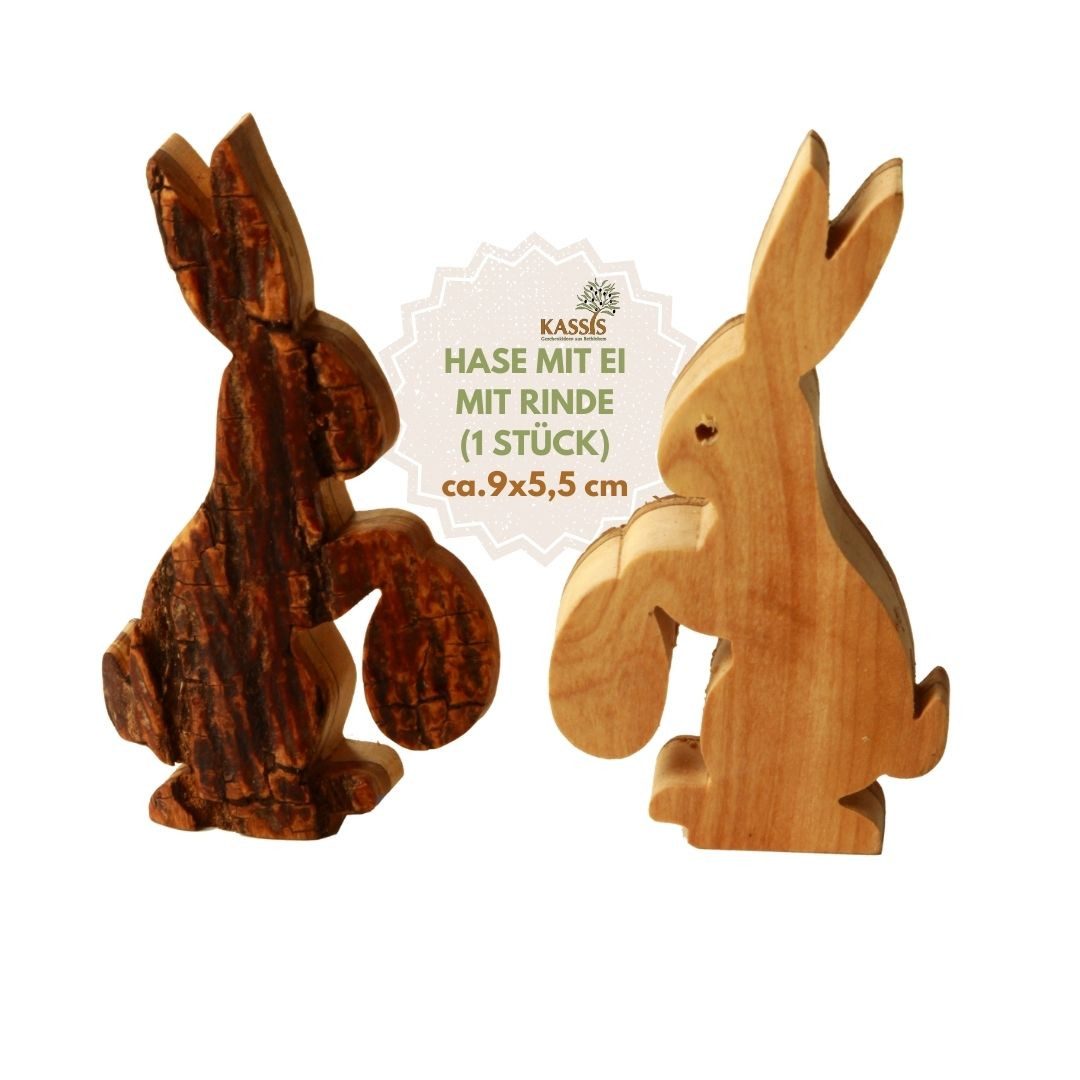 Kassis Geschenkartikel Osterfigur Osterhase mit Ei aus Olivenholz mit Rinde, Osterdeko, Tischdeko, handgefertigt in Bethlehem, Geschenk und Deko zu Ostern