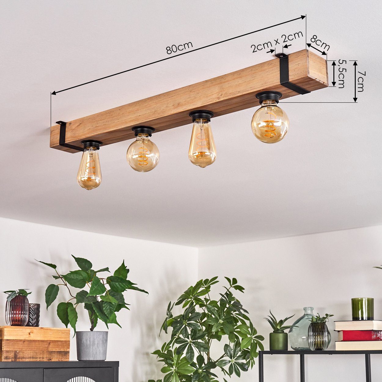 hofstein Deckenleuchte moderne Deckenlampe aus Metall/Holz in Schwarz/Natur, ohne Leuchtmittel, im Industrial-Style, Holzbalken, 4x E27. ohne Leuchtmittel – Bild 4 von 5