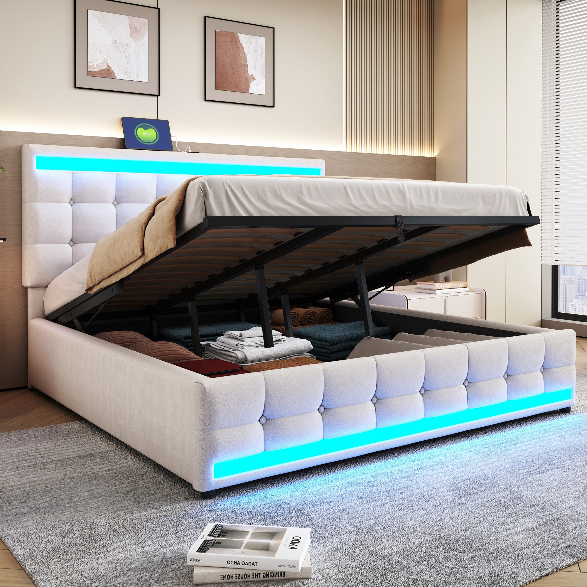 Flieks Polsterbett, LED Doppelbett Stauraumbett 2 USB-Anschluss 180x200cm L günstig online kaufen