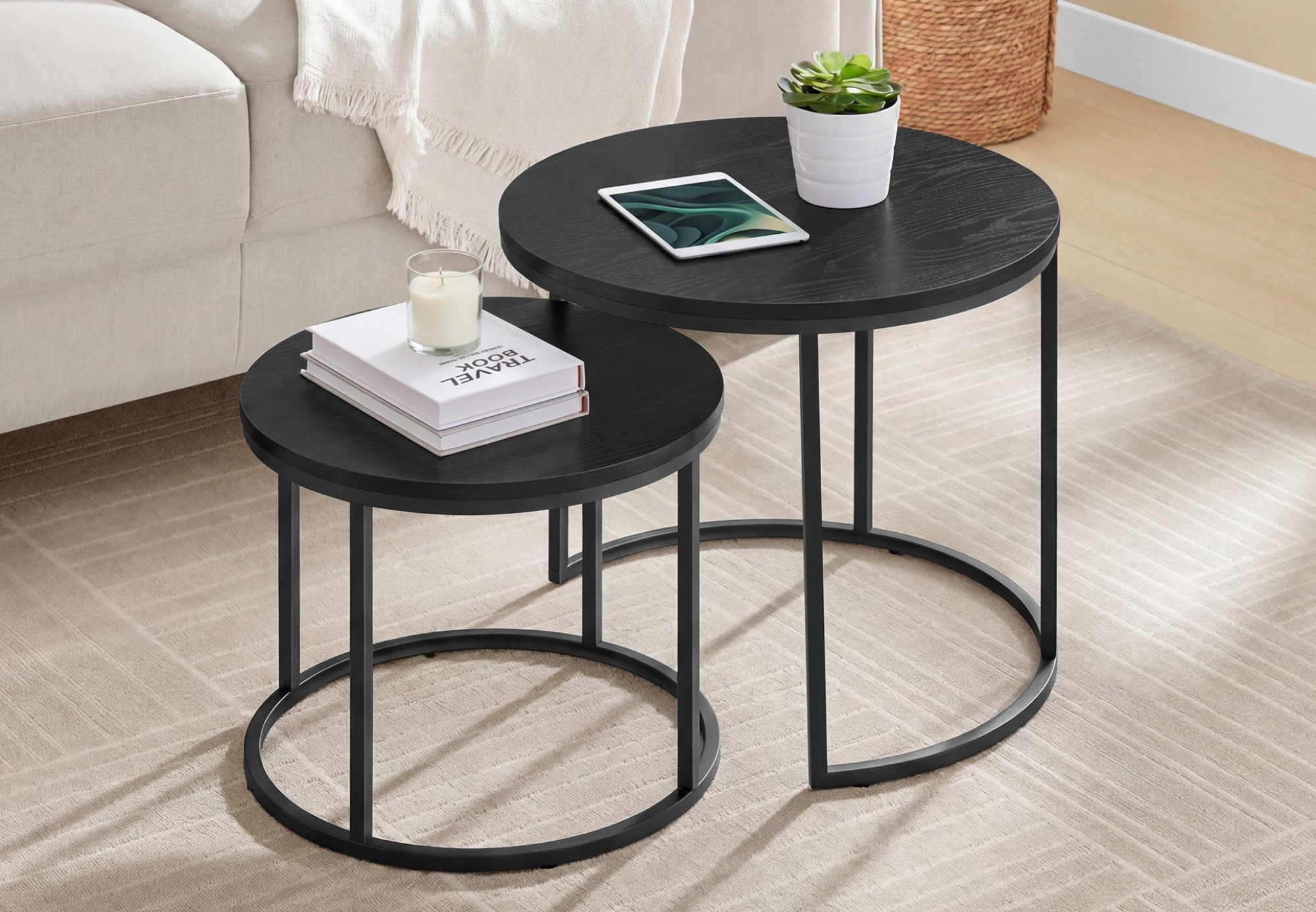 Home Collective Couchtisch 2er Set Beistelltisch Loft Design 2in1 Verschachtelung Wohnzimmer, kratzfeste Oberfläche 53cm & 43cm Schwarz mit Schwarzen Beinen