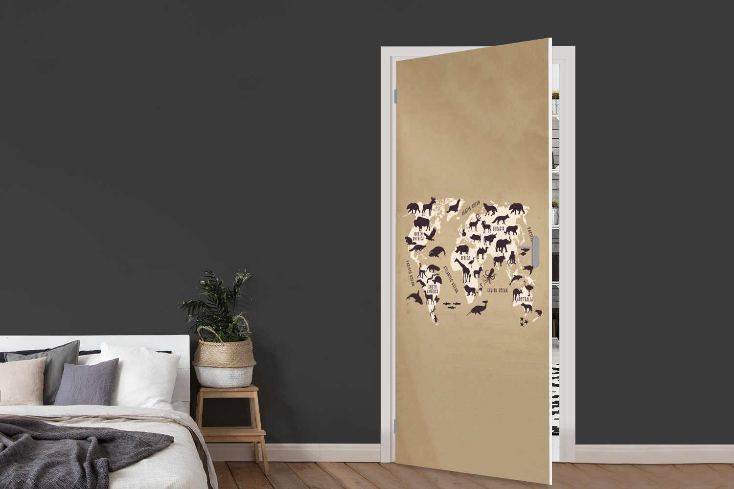 MuchoWow Türtapete Weltkarte Türaufkleber, (1 75x205 cm - Tiere Braun, Tür, Matt, - bedruckt, für St), Fototapete
