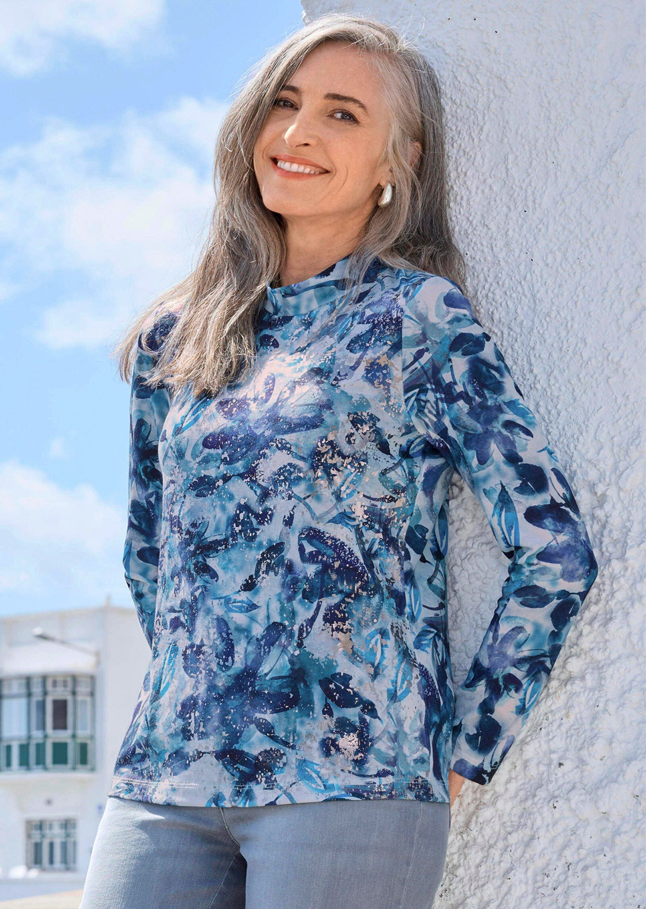 GOLDNER Print-Shirt Langarm Jersey-Shirt mit Allover-Druck Druckshirt mit Stehbundkragen und Langarm