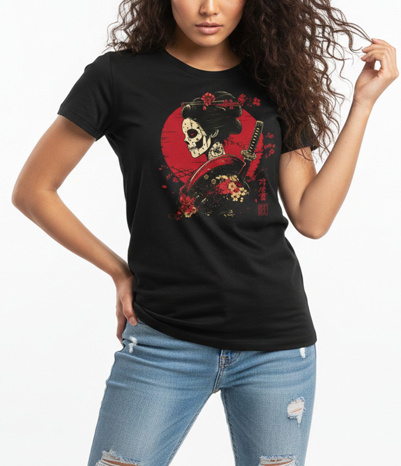 MAKAYA Print-Shirt Damen Japan Anime Top Skull Totenkopf Motiv Manga Tokio Mädchen (Schwarz, S, M, L, XL) Kurzarmshirt