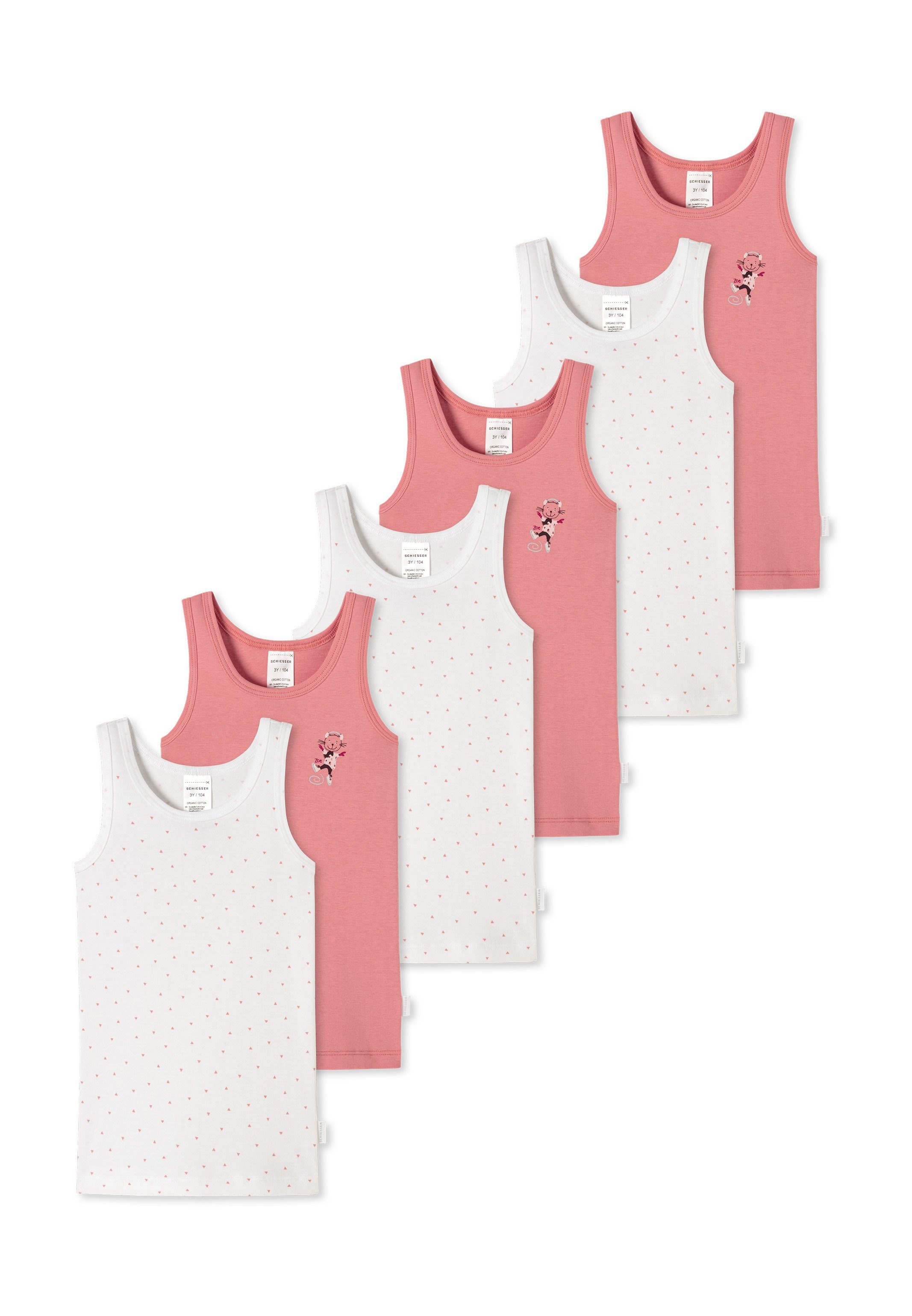 Schiesser Unterhemd 6er Pack Kids Girls Feinripp Organic Cotton (Spar-Set, 6-St) Unterhemd / Tanktop - Baumwolle - Rosa/Weiß gemustert - 909