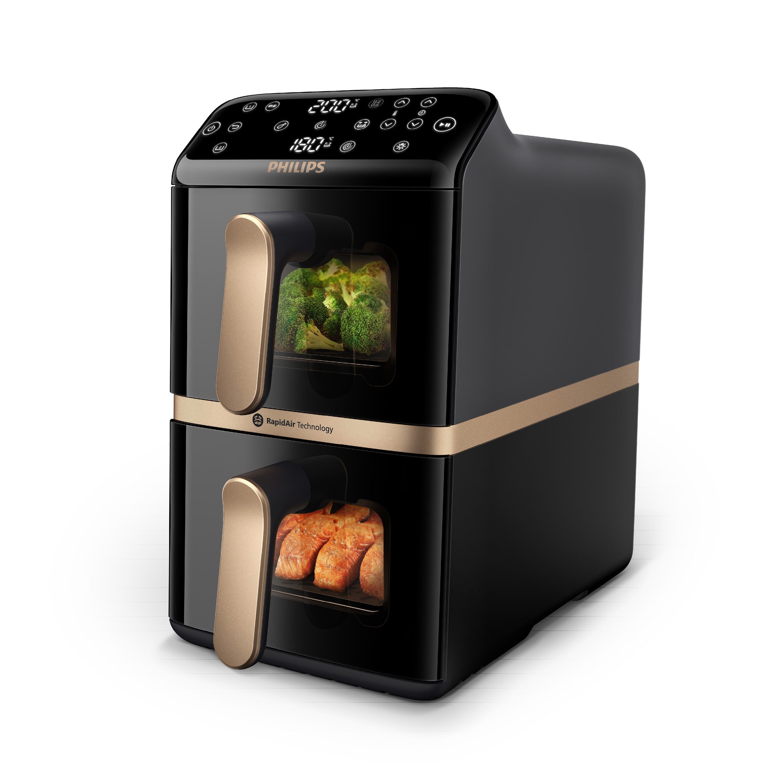 Philips Heißluftfritteuse NA462/70 4000 Series Stacked Dual Basket und 10L Kapazität (5+5L), 2750 W, RapidAir Technologie; Schwarz/Dunkelgrau, kupfer Griff