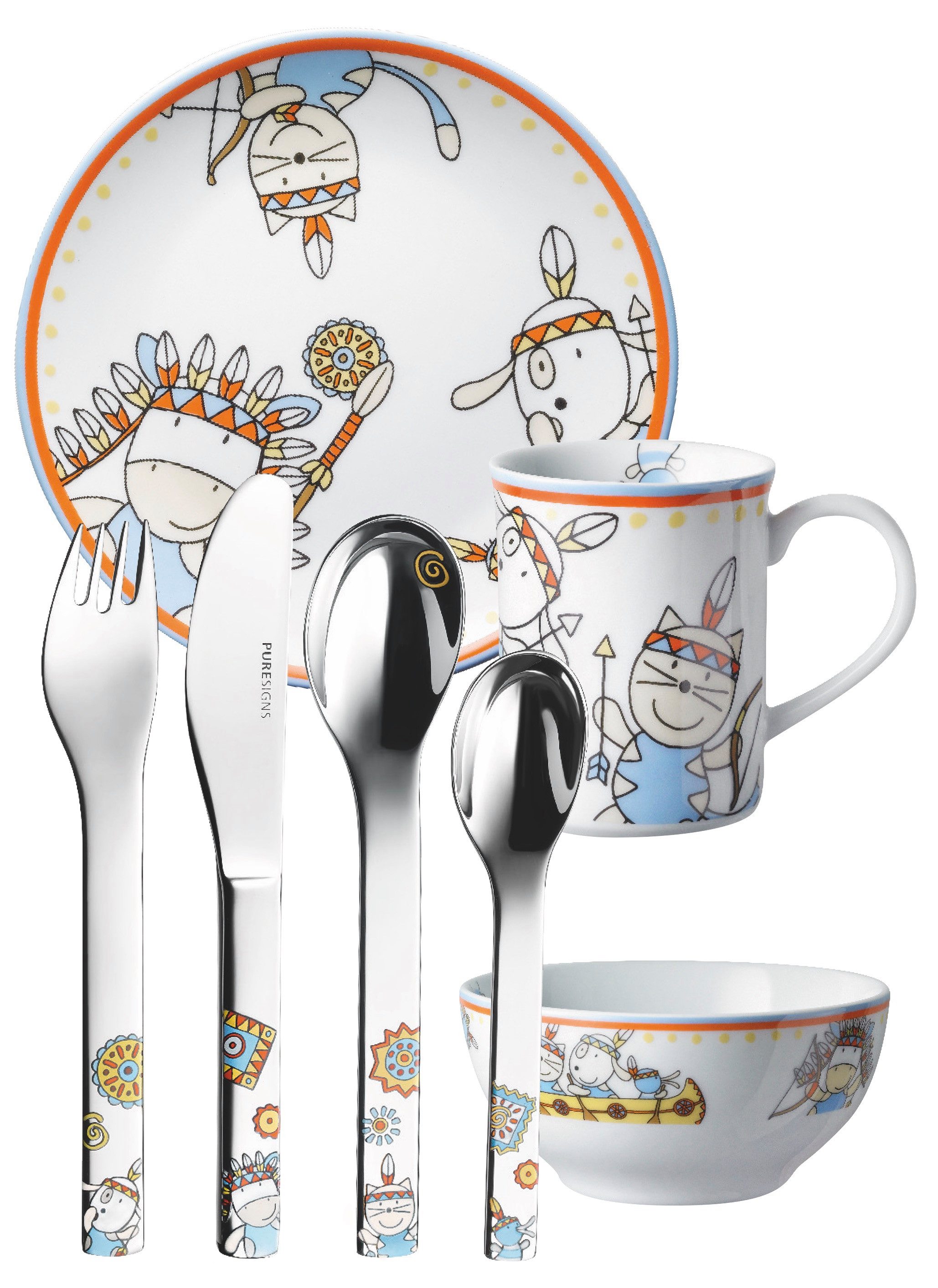 PURESIGNS Kindergeschirr-Set MOEMA (7-tlg), 1 Personen, Edelstahl 18/10, Porzellan, Plastikfreier Essgenuss für die Kleinen