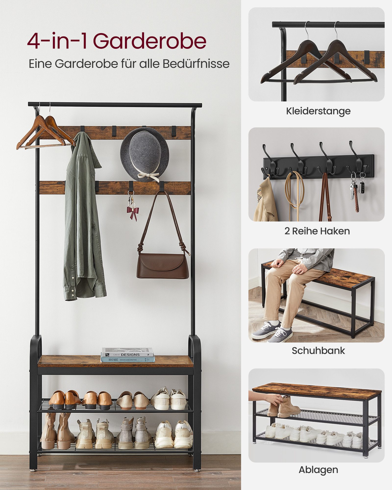 VASAGLE Garderobenständer Garderobe, mit Schuhbank, Kleiderstange und 9 abnehmbaren Haken